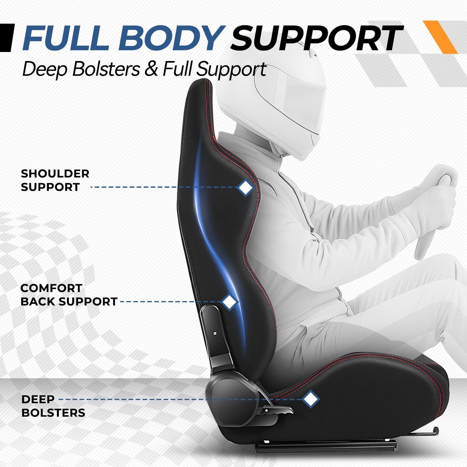 Auto Dynasty Pair of Racing Seat Universal Woven Fabric Reclinable Bucket Seats with Bottom Mount Sliders and Bracket, 35 (H) x 21.5 (W) x 21.5 (D) Inches, Driver and Passenger Side, Black/Red