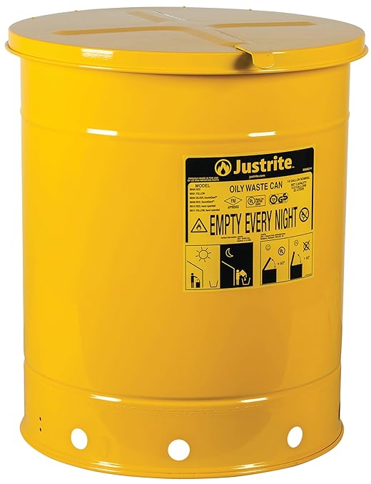 Justrite 14 Gallon Galvanized Steel Oily Waste Can, 20" x 16" Metal Oil Rag Safety Can with Hand Operated Self-Closing Lid for Oil Rag Disposal, Made in The USA, Yellow, 09511