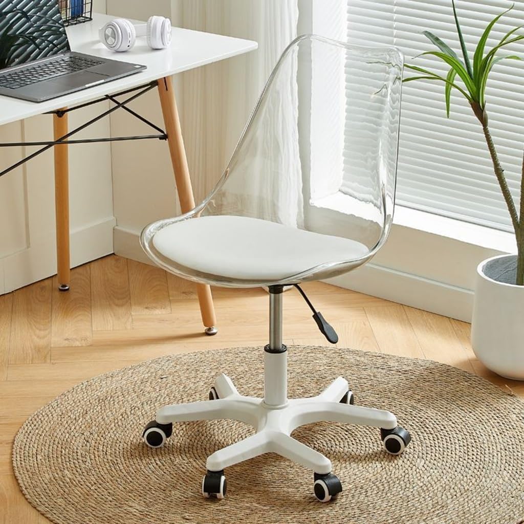 Transparent Rolling Chair, Adjustable Home Office Swivel Clear, Plastic Clear Seat with Wheels, Acrylic Office Chair Drafting Chair (Color : White, Size : 56 * 73~83cm)
