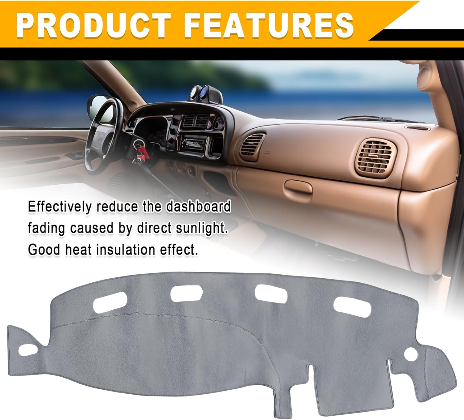 Dash Cover Mat, Center Console Cover Sunshield Protector, Dashboard Cover Compatible with Ram 1500 2500 3500 1998-2001 (Gray)