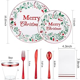 bUCLA 175PCS Christmas Plates Dinnerware Set - Green and Red Christmas Plastic Plates and Napkins Disposable Include 25 Dinner Plates,25 Dessert Plates,75 Cutlery,25 Cups&25 Napkins