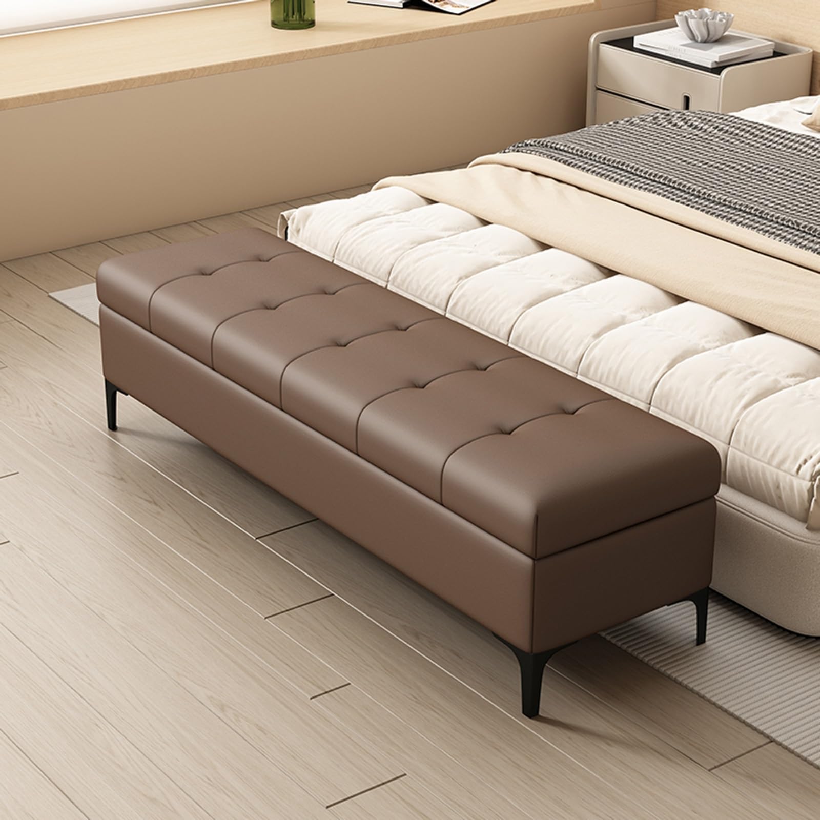 Slish Sto Bank aus Leder, gepolstert, 80 cm, Ottomane, Fußstütze für Schlafzimmer und Eingangsbereich, Schuhregal mit Stahlbeinen und getuftetem Design, Schwarz
