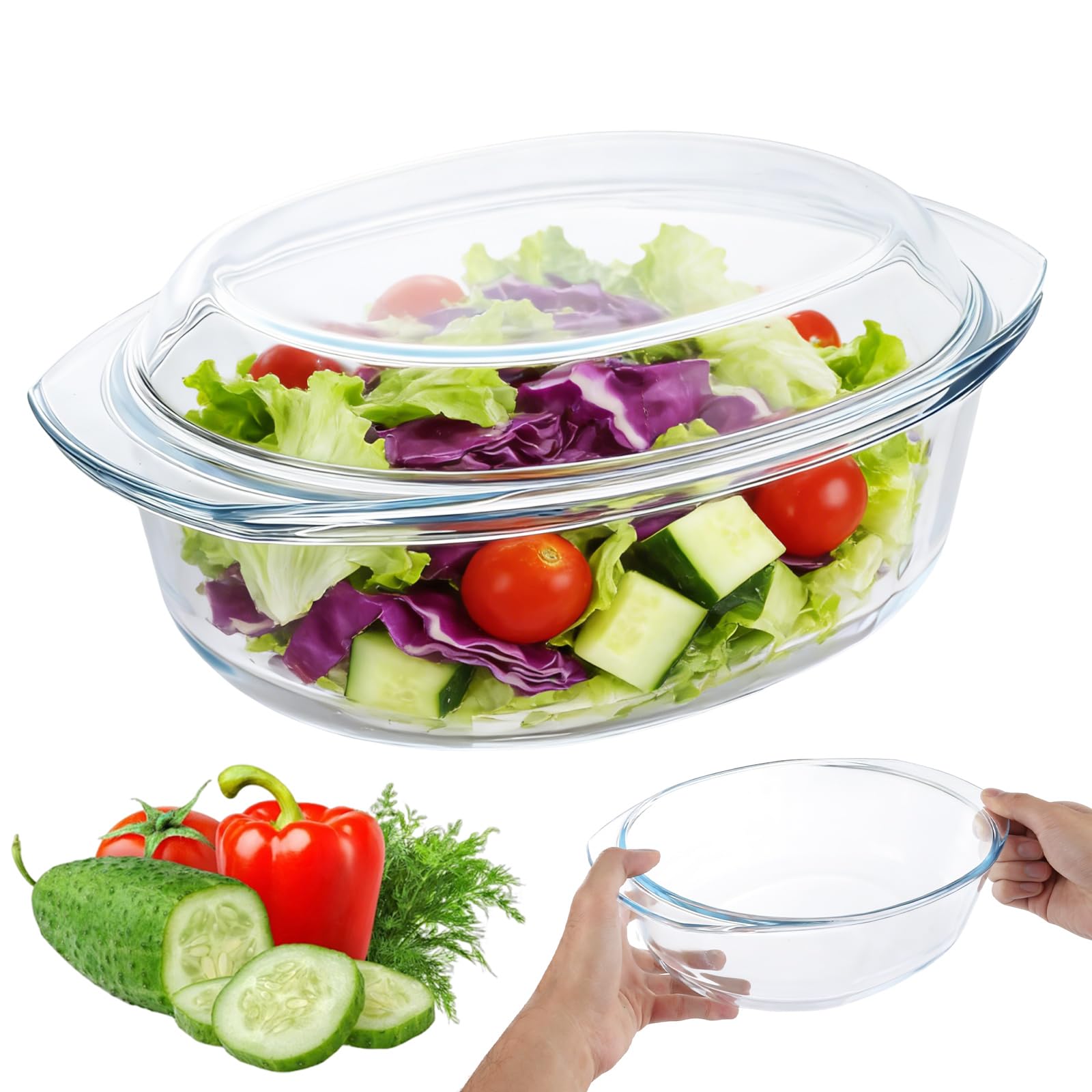 LOLYSIC Glass Casserole Dish with Lid Oven Proof Lasagne Dish Microwaveable Clear Oval Baking Pan, 3.5L