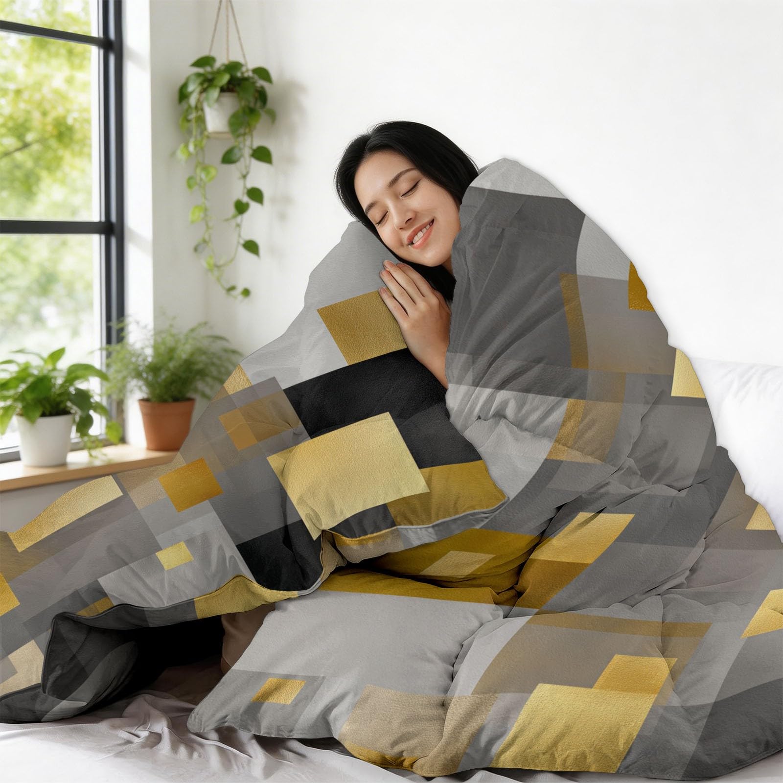 Completo Copripiumino Imbottito 200 x 200 cm Geometria Moderna Architettura Cubo Trapunta Tutto in Uno, Microfibra Traspirante & Lavabile Edredón – Set 3 Pezzi con 2 Federe, Design Elegante, Grigio