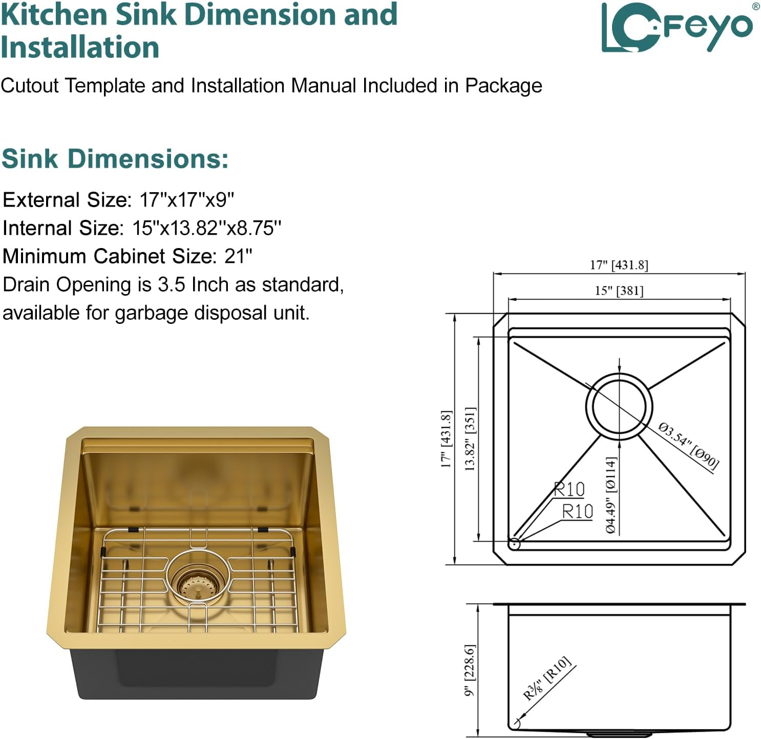 17x17 inch Gold Square Undermount Kitchen Sink, Small Wet Bar Prep Workstation Bar Sink, 16-Gauge Stainless Steel Single Bowl Basin for Laundry Room, RV, and Home Bar
