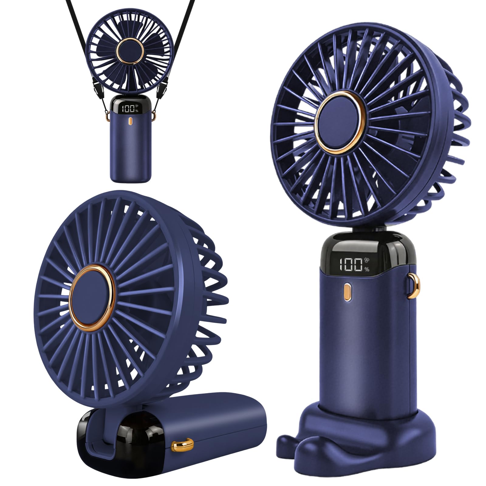 Jsdoin - Mini ventilatore portatile, ricaricabile tramite USB, 5 velocità, a batteria, pieghevole, da scrivania, con display LED, per casa, ufficio, camera da letto, viaggi e all’aperto (Blu Scuro)