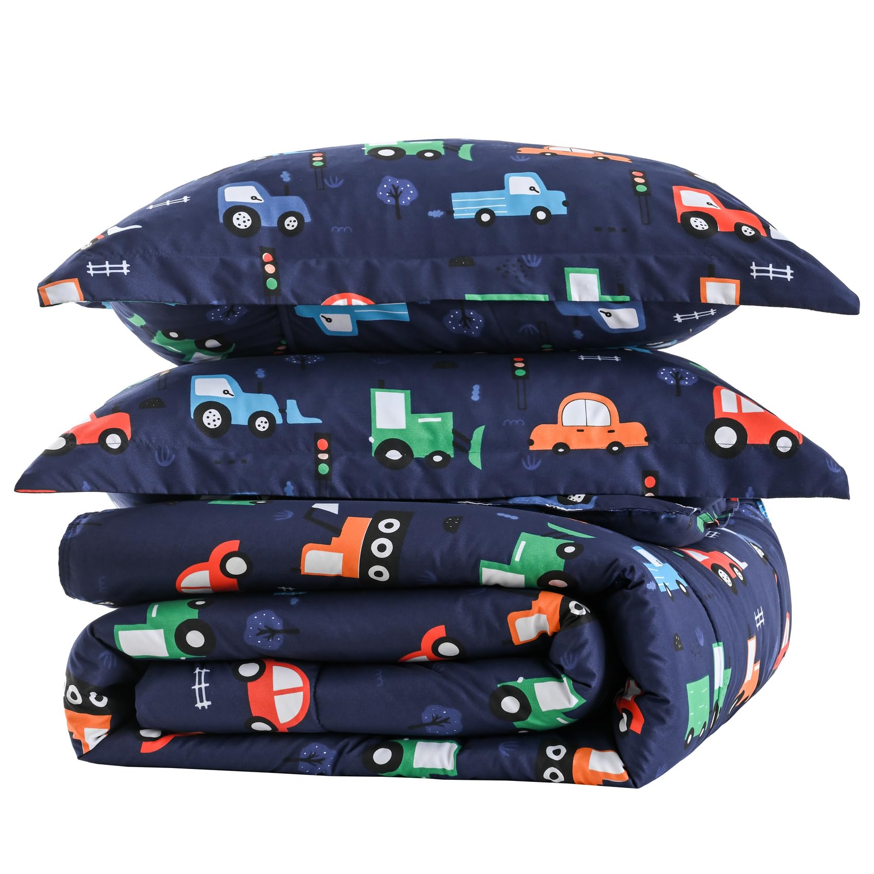 Car Kids Comforter Set for Boys Full Size, Cute Reversible Quilted Navy Blue Printed Construction Toddler Bedding Set with Pillow Sham, Lightweight Soft Breathable Machine Washable Bed Set 3 Piece