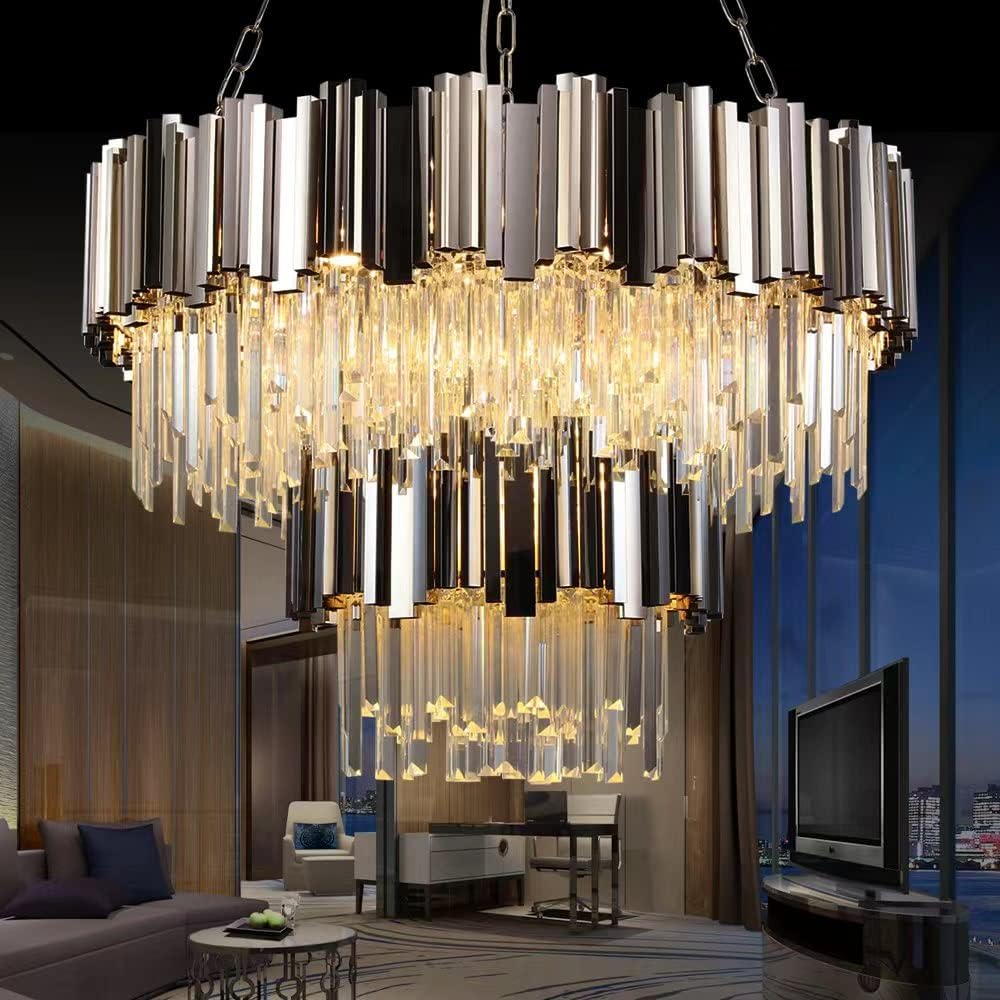 WABON Modern Crystal Chandeliers, Chrome Round Chandelier Light Fixture, 2-Tier Raindrop Chandelier for Dining Room Living Room Bedroom