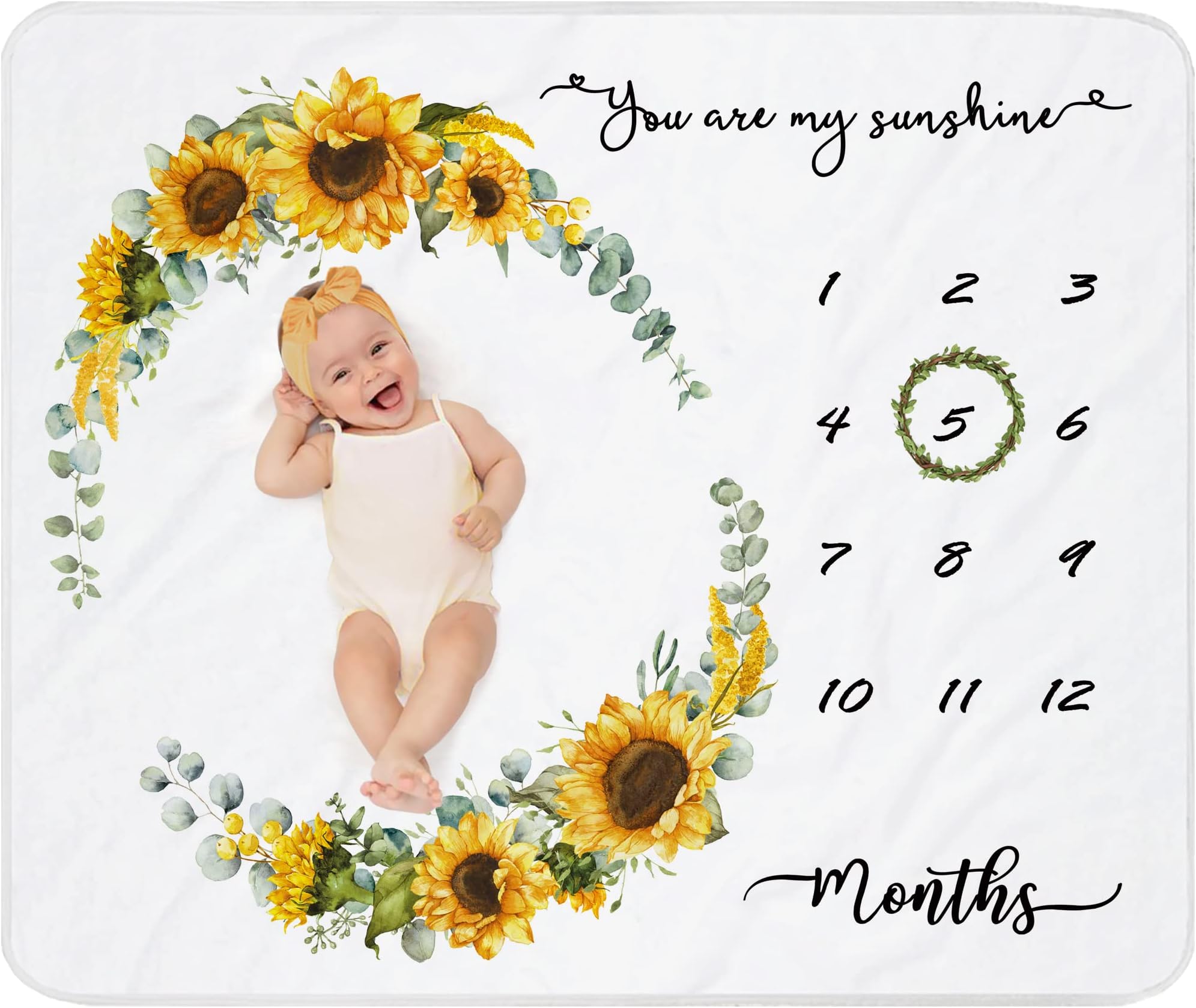 Baby Milestone Blanket for Baby Girl|Newborn Monthly Milestone Picture Blanket|Sunflower Nursery Decor|Baby Girl Photo Background Prop Blanket 45"x40" with Wreath and Headband