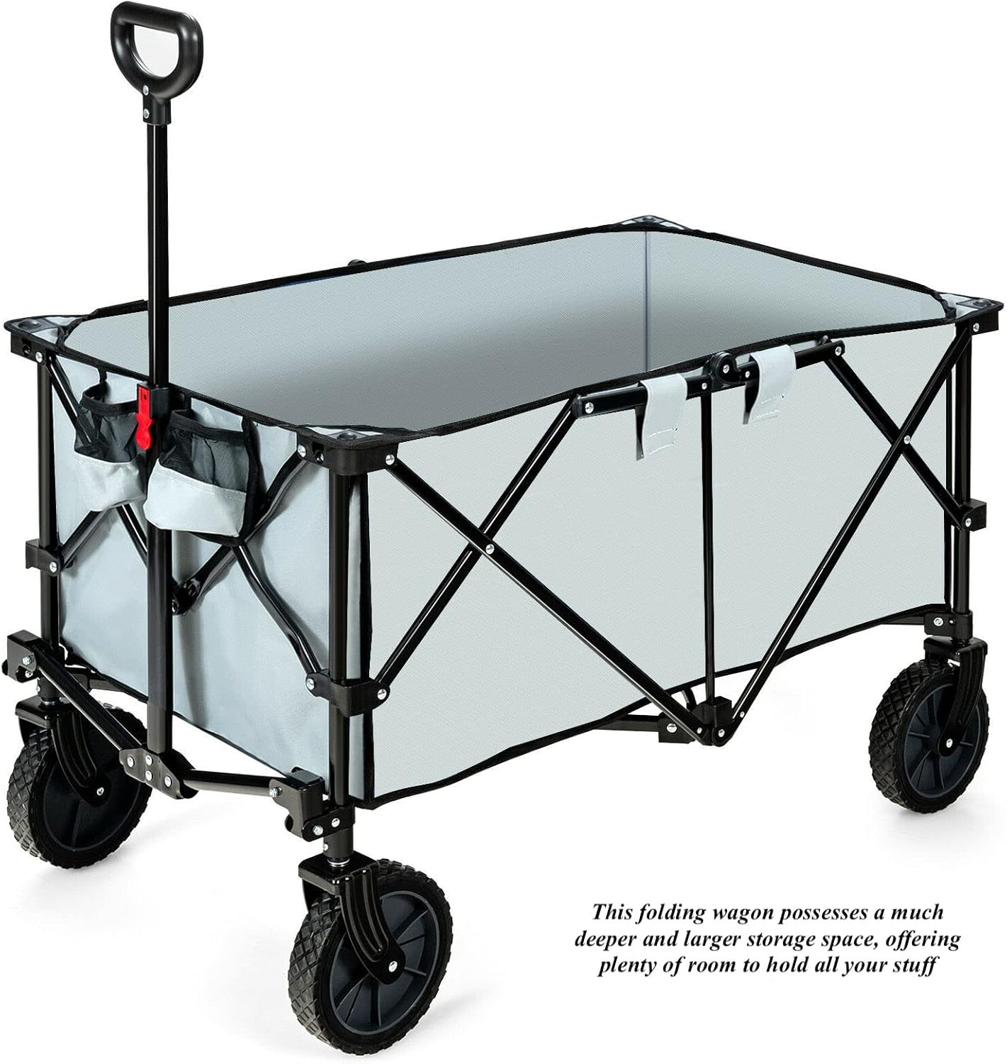 Grey Folding Collapsible Wagon Utility Camping Cart Wheelbarrows Garden Trolley Buggy with Wheels Carry Bag 2 Cup Holders Adjustable Handle Sturdy Reinforced Steel Frame Large Load Capacity
