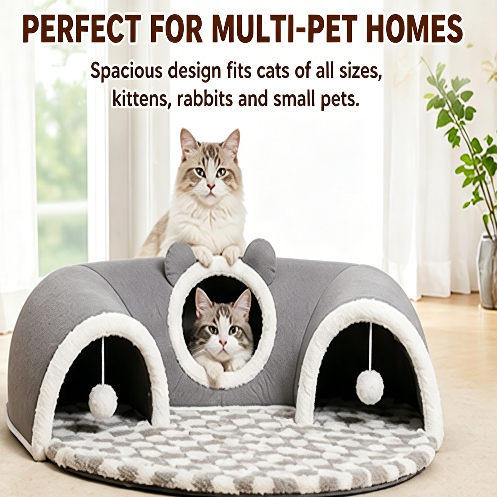 PlüSchiges 2-In-1-Katzentunnel-Bett – Faltbarer,Langer PlüSch-Spieltunnel Mit Abnehmbarem Bett FüR Wohnungskatzen,KäTzchen & Kleintiere (B,Groß: 85 cm × 70 cm)