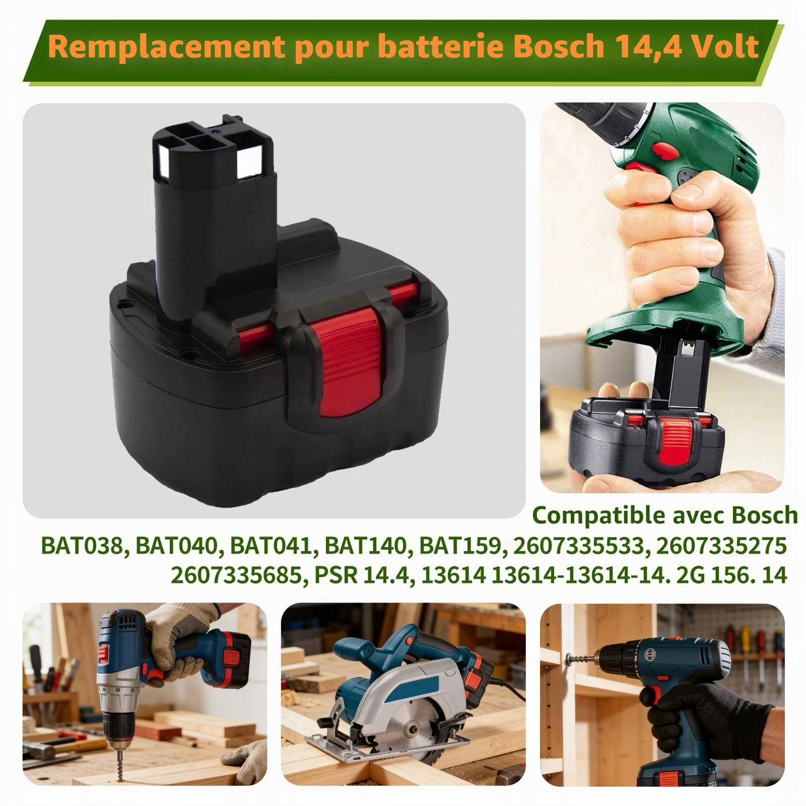 2 pièces 14.4V 4800mAh Ni-MH de Rechange pour Batterie Bosch BAT038 BAT040 BAT041 BAT140 BAT159 2607335533 2607335275 2607335685 PSR 14,4