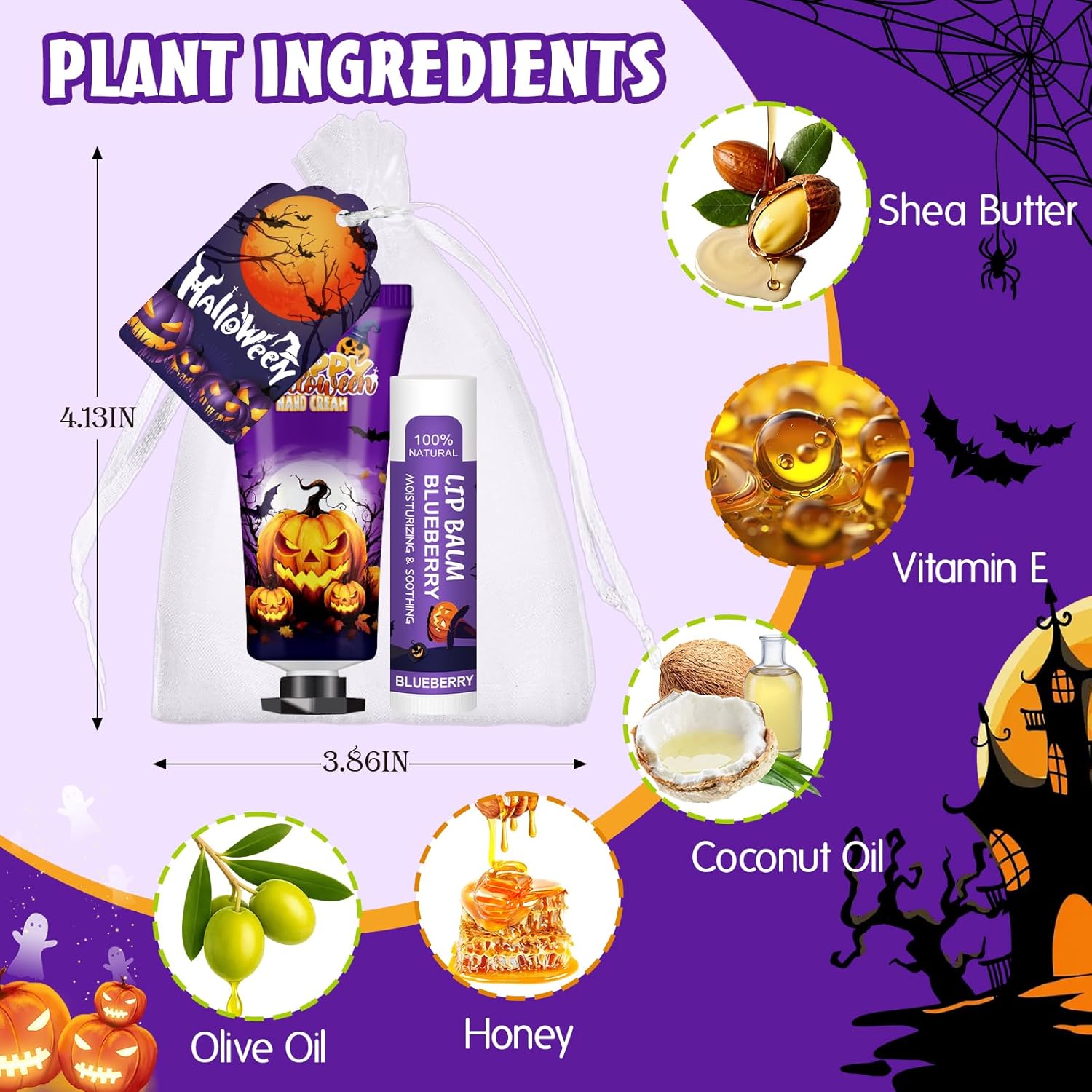 50 Pack Halloween Hand Cream and Lip Balm Set, Bulk Halloween Gifts with Halloween Cards and Organza Bag, Halloween Decorations and Halloween Party Favors Goodies for Women