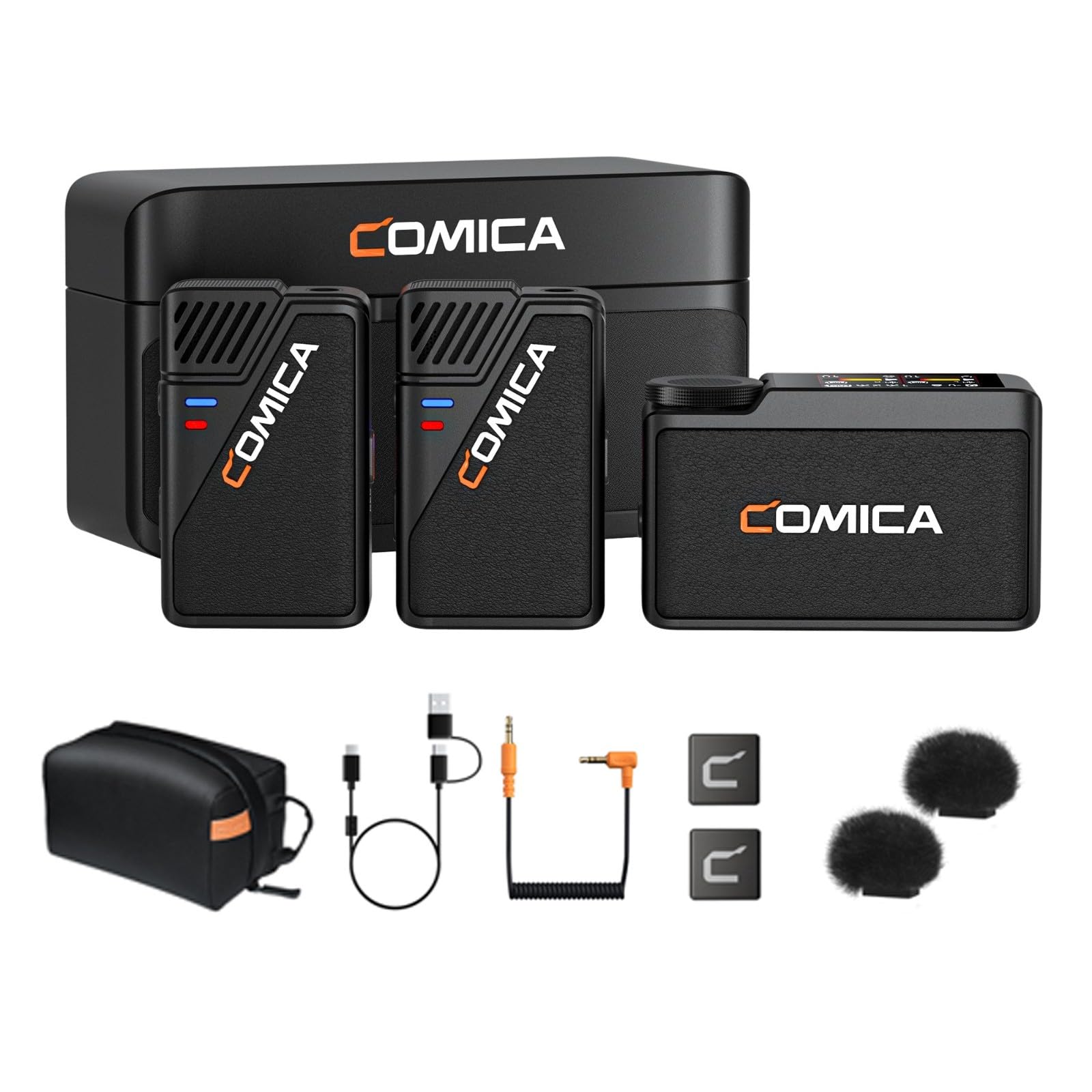 COMICA Micrófono de Solapa inalámbrico BooMax para cámaras y Smartphones. Micrófono de Solapa Dual de 2,4 G con Almacenamiento de 32 G y Pantalla táctil IPS para Vlogs, entrevistas y TikTok.