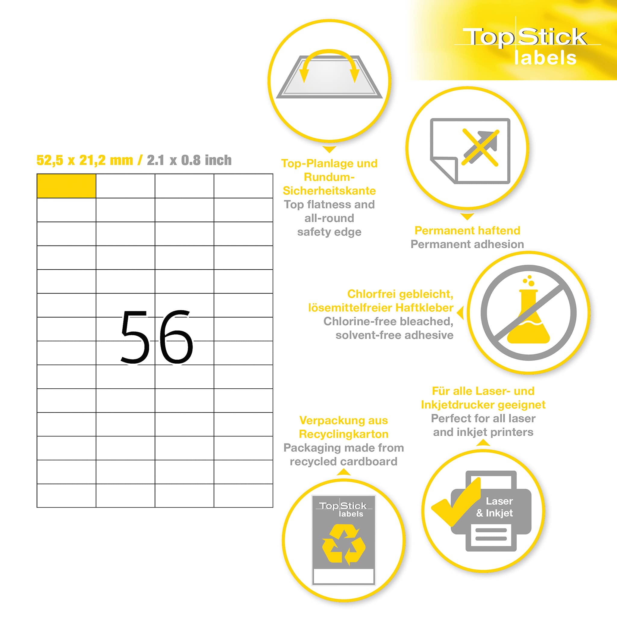TopStick 8700 Universal Etiketten, 1000 Blatt, 52,5 x 21,2 mm, 56 pro A4 Bogen, 56000 Stück, selbstklebend, bedruckbar, matt, blanko Papier Klebeetiketten Aufkleber, weiß