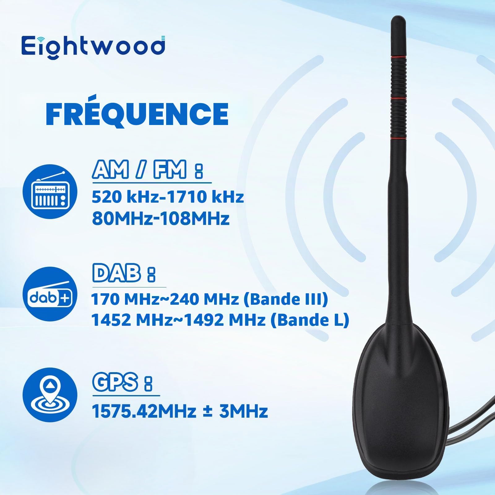 Eightwood Antenne Radio Voiture Dab+FM GPS Câble 5m Connecteurs SMB/SMA/DIN