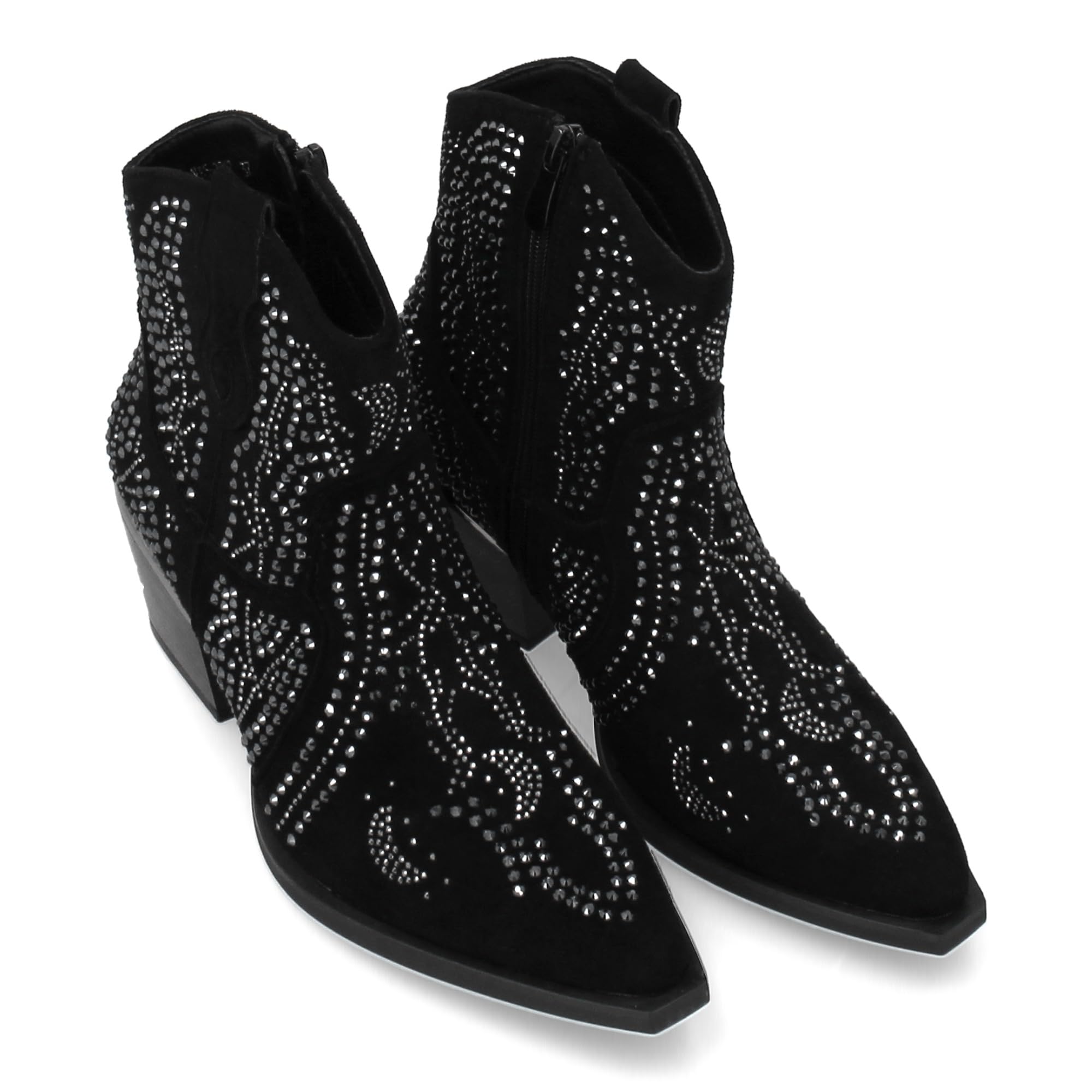 Botin de Mujer con Estilo Vaquero, Detalles Brillantes y Cierre Comodo. Diseno de Tachuelas Brillantes, Tacon Cubano.