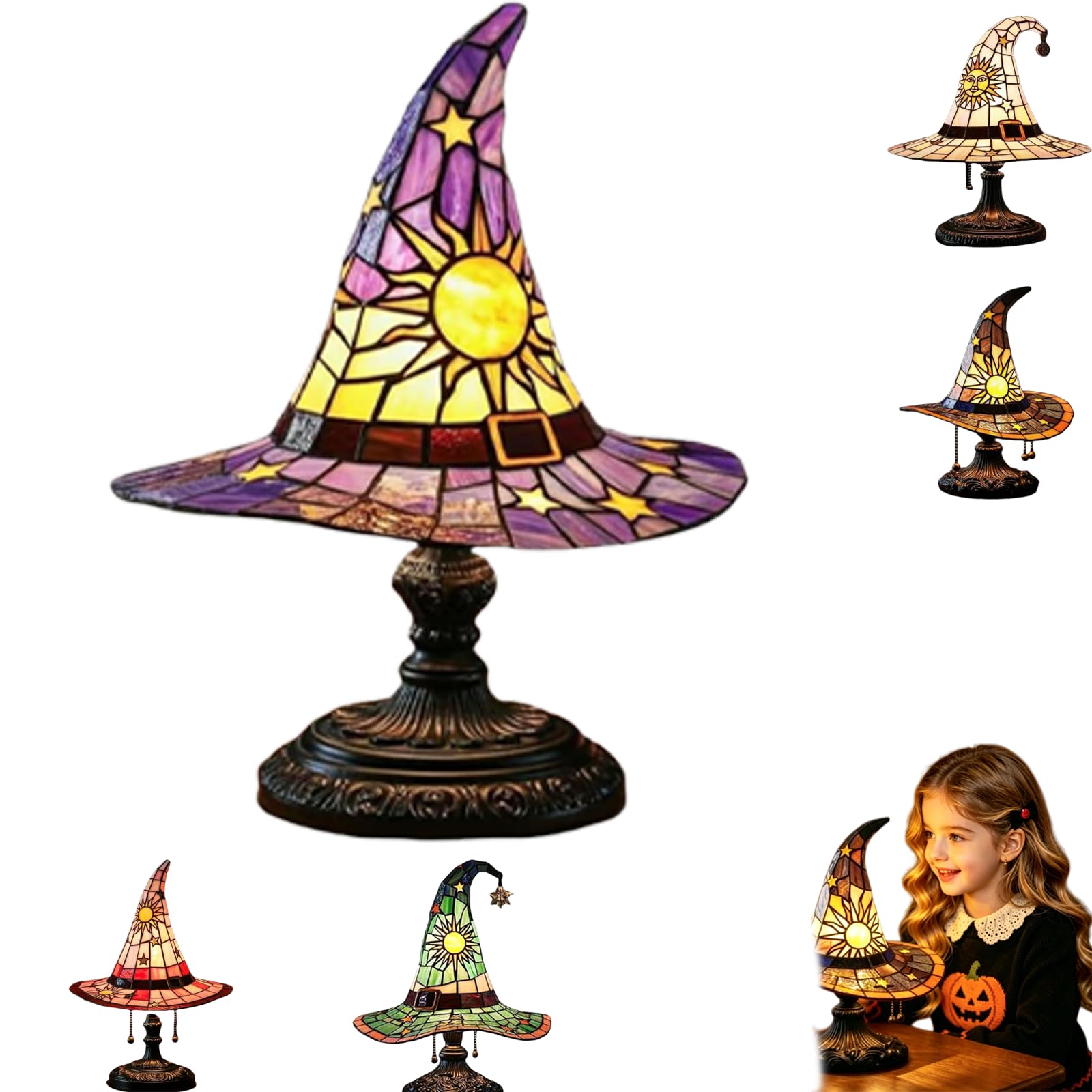 UIRPK Stained Glass Witch Hat Lamp,Handmade Witch Hat Lights, Handcrafted Retro Resin Witch Lamp, Halloween Home Decor Accent Lamps for Bedroom & Bookshelf (B-S)