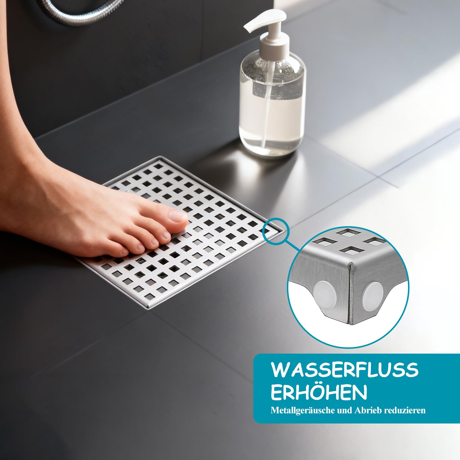 150 x 150 mm Bodenablauf Dusche Edelstahl Duschrinne mit 360° Siphon, Geruchsverschluss, Haarsieb und 2 Ablaufadapter DN50 DN40, Ablaufrinne Duschablauf