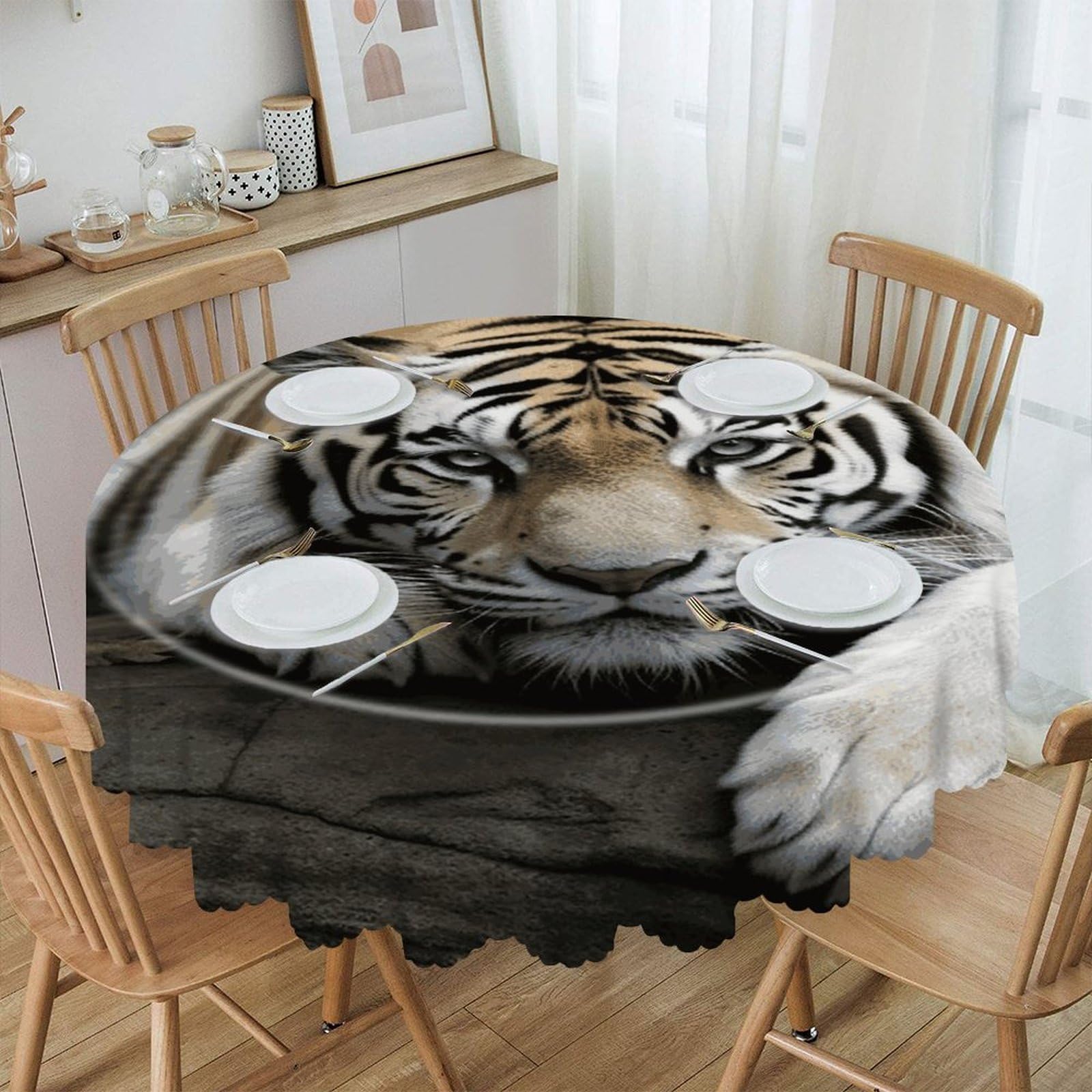 VstaDank Tiger Lie On Rock Round Tablecloth 60 Inch Easy to Clean Circle Table Cover Thick Decorative Round Polyester Table Cloth for Dining Kitchen Party Farmhouse Outdoor
