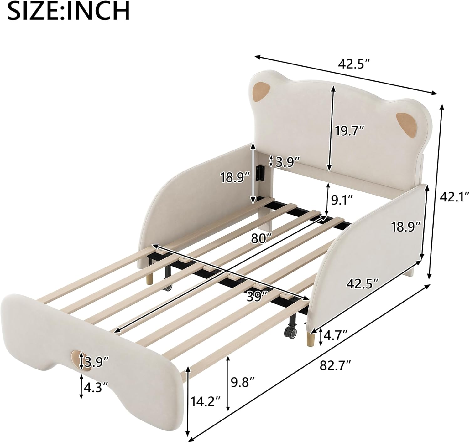 Twin XL Size Upholstered Bed Frame with Bear Shaped Headboard, Twin XL Cute Cartoon Bed for Boys Girls, Upholstered Sofa Bed with Stretchable Vaulted Design, Beige