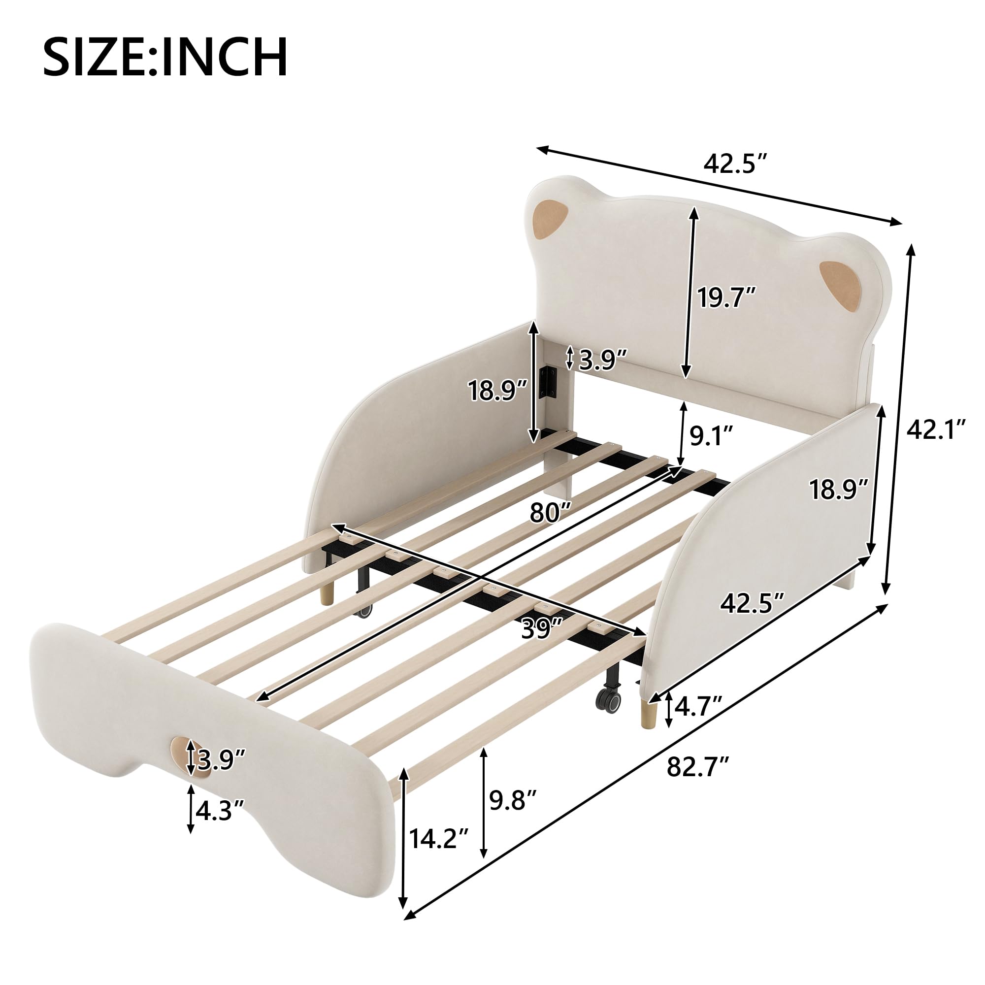 Twin Size Upholstered Stretchable Vaulted Sofa Bed with Bear Shaped Headboard for Kids Teens Boys & Girls, Flannel Wood Bed Frame, Sturdy Slat Support, Box Spring Not Required, Beige