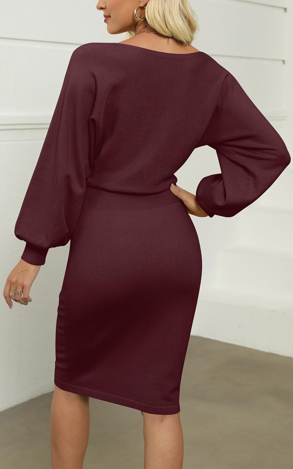 MIROL Women's Casual 2026 Long Puff Sleeve Solid Bodycon Midi Dress Ribbed Knit Oversized Pullover Sweater Dress - Image 4