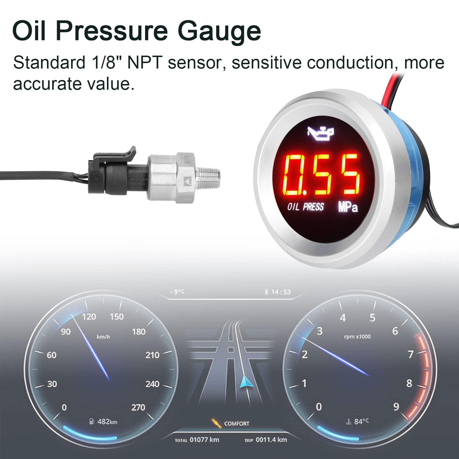 ACAGALA 52mm Öldruckanzeige Auto Digital Meter LED Display 9-35V mit 1/8NPT Sensor Alarmfunktion
