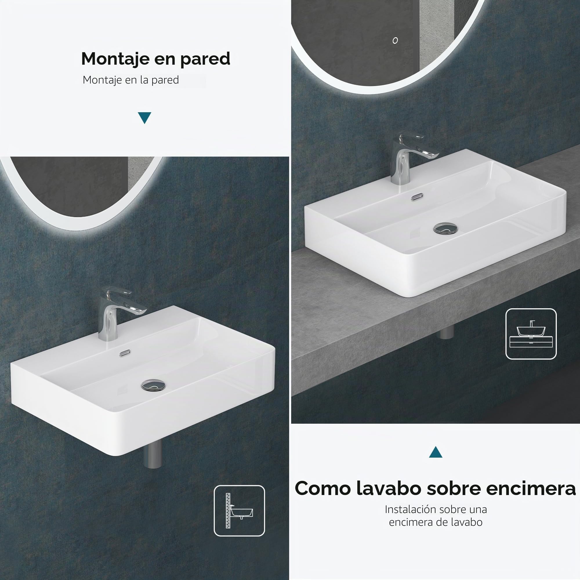 Mai & Mai Lavabo Sobre Encimera Suspendido | Rectangular | Blanco Brillante | Cerámica | 60x42x12cm | Con Orificio para Grifo Con Rebosadero | Meissen201 | Meissen201-600 - Lavabo de baño suspendido, color blanco brillante
