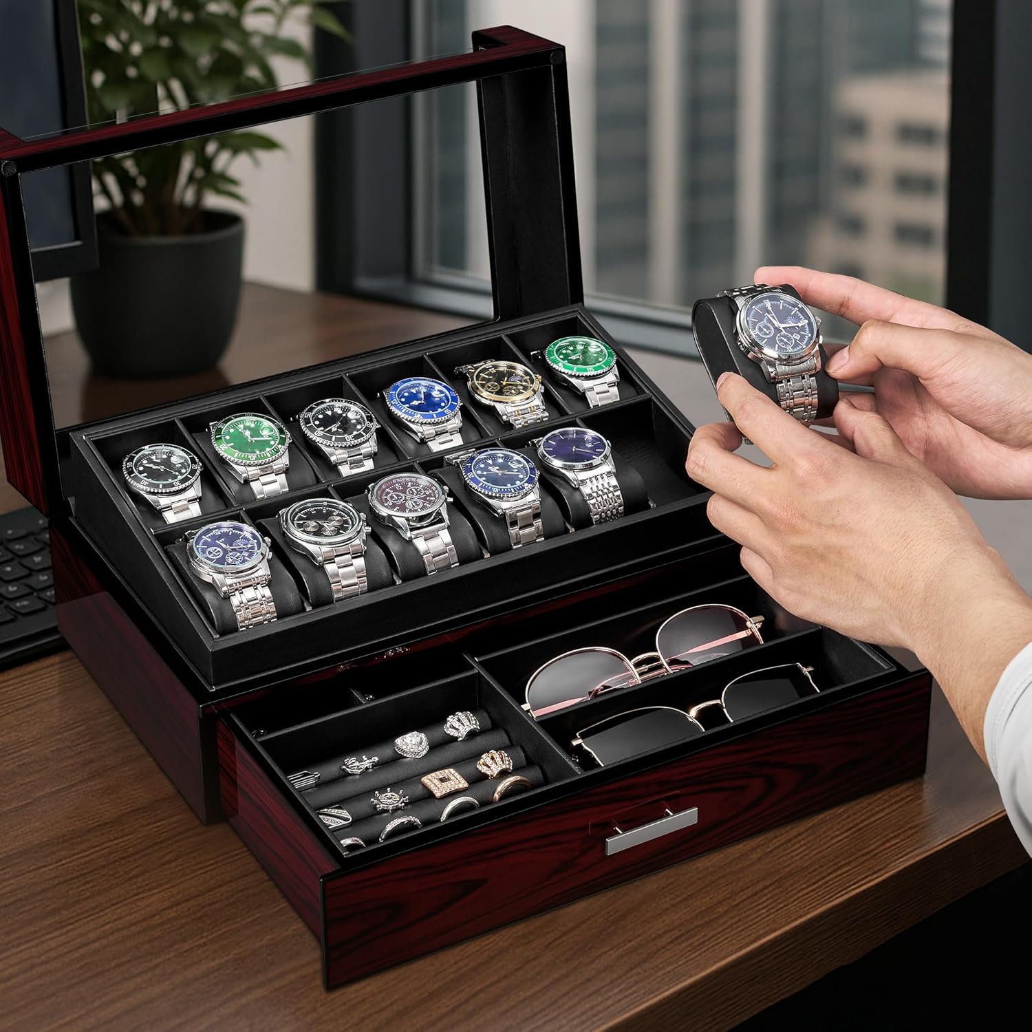 ANWBROAD Caja Relojes para Hombre 12 Compartimentos Tapa de Cristal Caja de Relojes 2 Capas de Pintura Relojero Organizador para Guardar Joyas Forro de PU Regalo para Hombre y Mujer JWB005Y