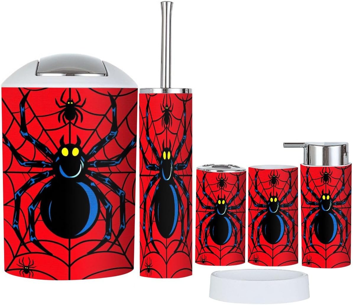 Bathroom Accessories Set 6 Pcs Red Large Central Two Smaller Spiders Red Web Toothbrush Holder Cup Soap Dispenser Soap Dish Toilet Brush Holder Trash Can for Countertop Decor