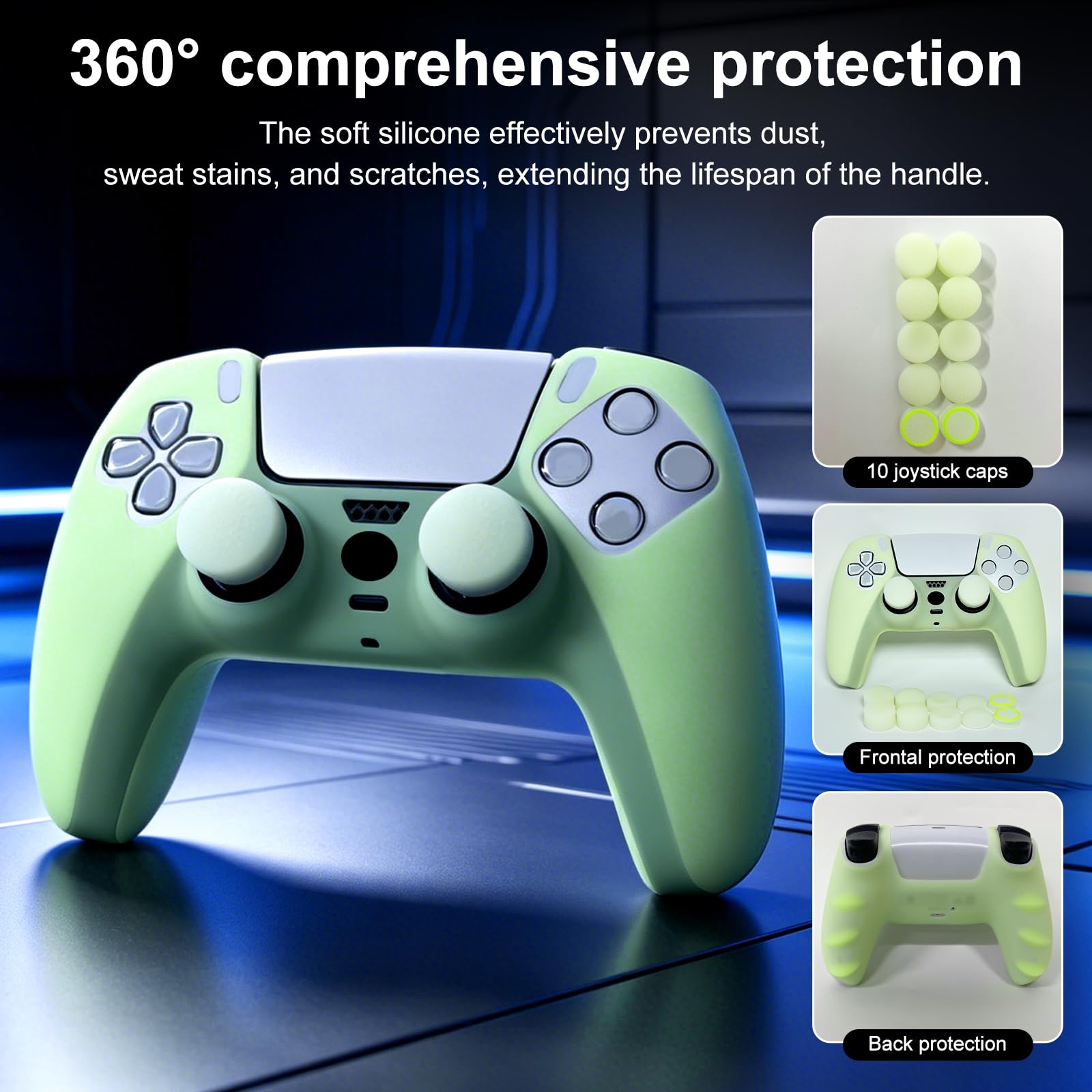 PS5 Controller Skins Silicone Grip Glow in The Dark Housse de Protection pour Manette PS5 + 8 FPS Pro Thumb Grips + 2 Pcs Caps.