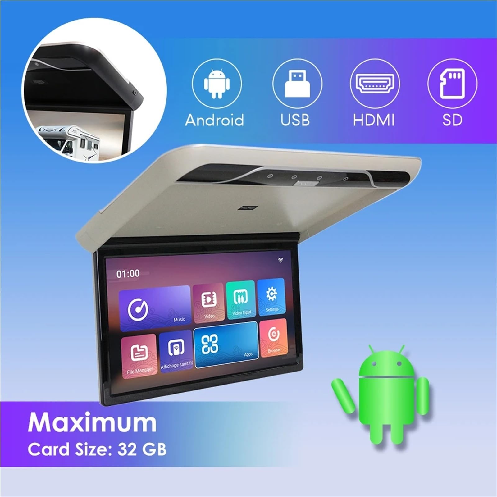 Monitor da tetto for auto 22 pollici, TV con lettore video ribaltabile, schermo IPS soffitto, luci ambientali a 16 colori(Black)