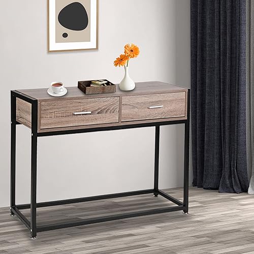 Miniatura 3 de LUCKYERMORE Mesa de consola de entrada, pasillo con 2 cajones, mesa de sofá estrecha de metal de madera con dos compartimentos de almacenamiento,