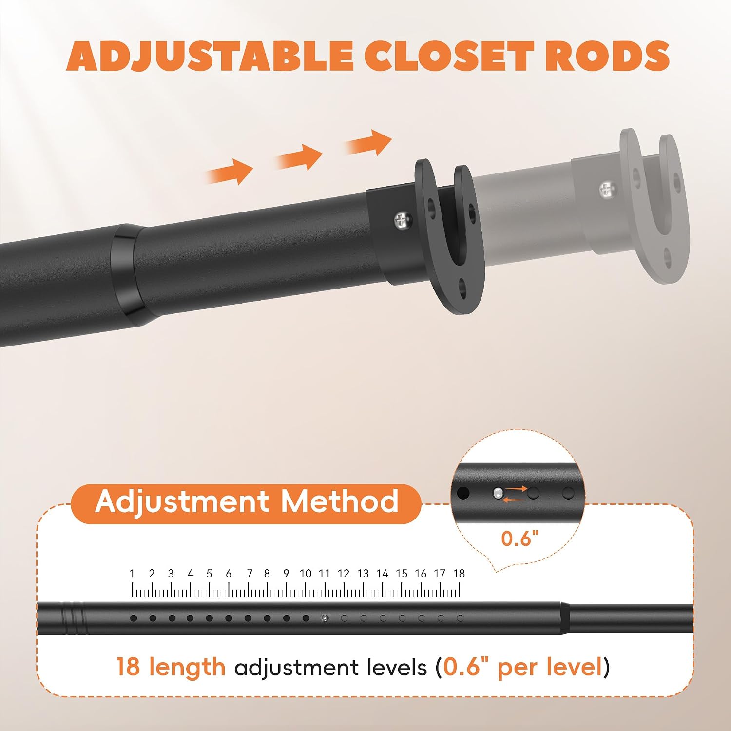 Metal Closet Rod 1.3" Heavy Duty Adjustable Hanging Rod 17-99 Inch | Black, Stainless Steel, 1.3 Inch Diameter, Wall Brackets Included, For Hanging Clothes, Walk-In Closets, Laundry Rooms