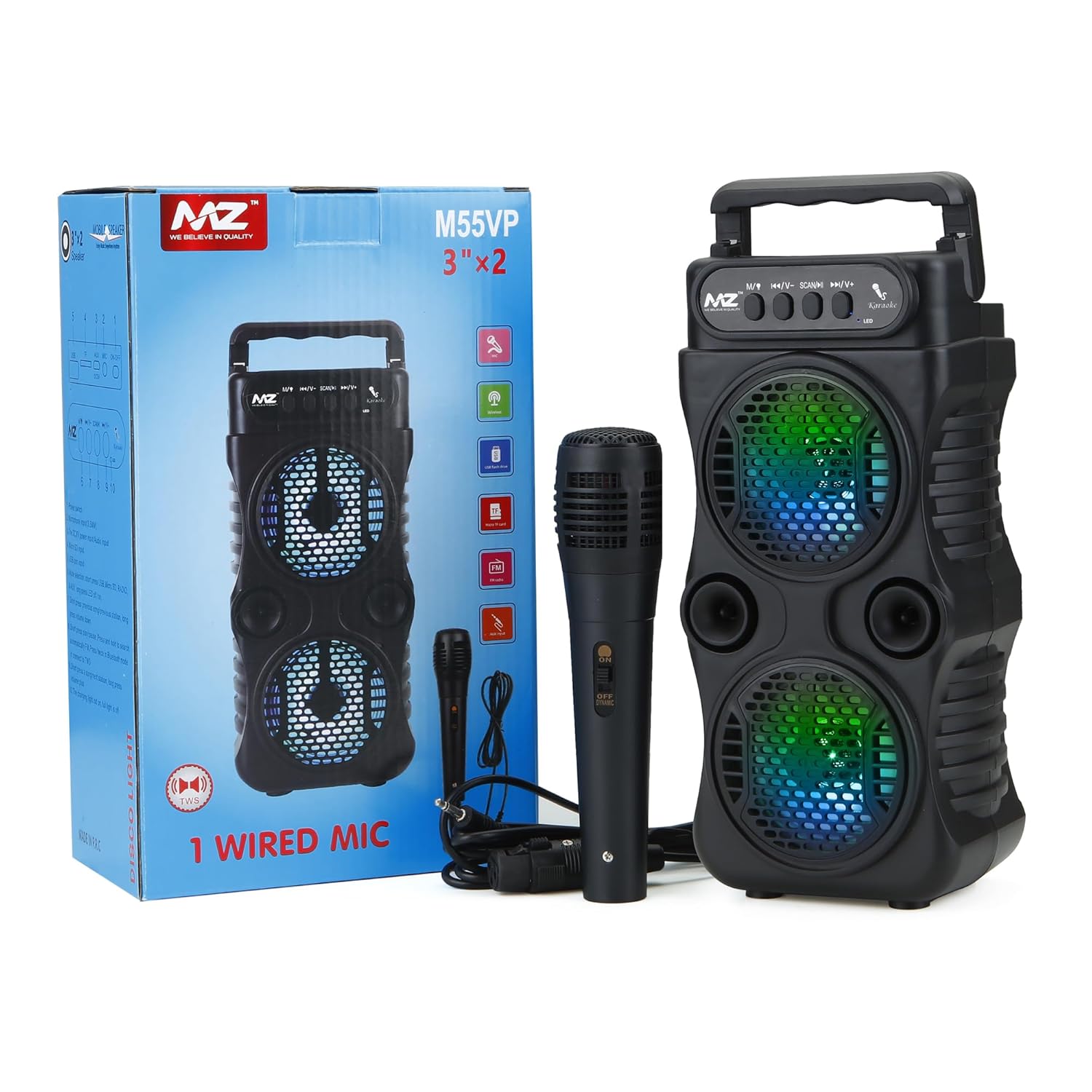 MZ M55VP speaker, wired microphone, and product packaging