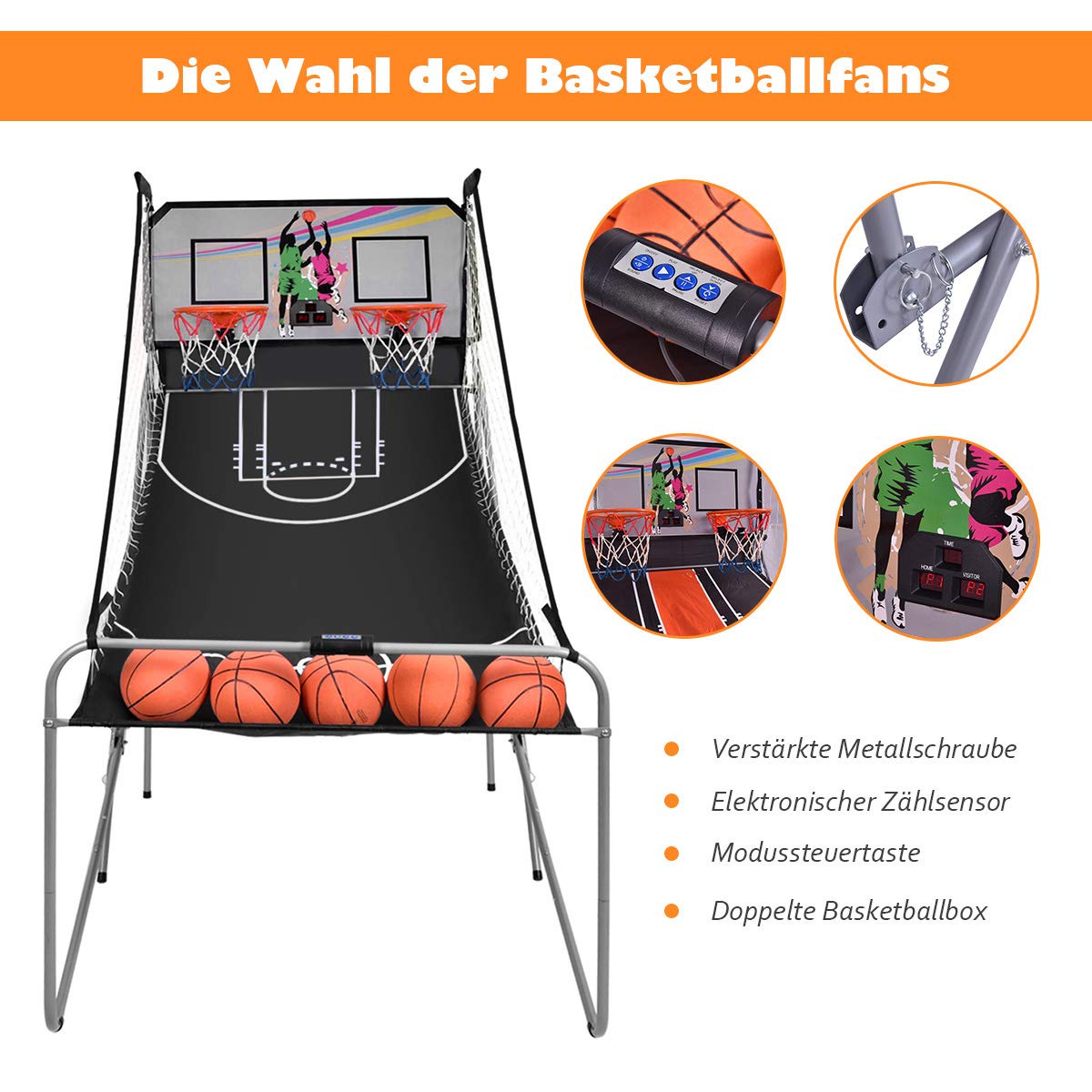 GYMAX Juguete de Baloncesto, Canasta de Baloncesto Plegable con 8 Ajustes de Juego, Pantalla Electrónica, 4 Pelotas y 2 Cestos, Máquina de Tiro para Adultos y Niños