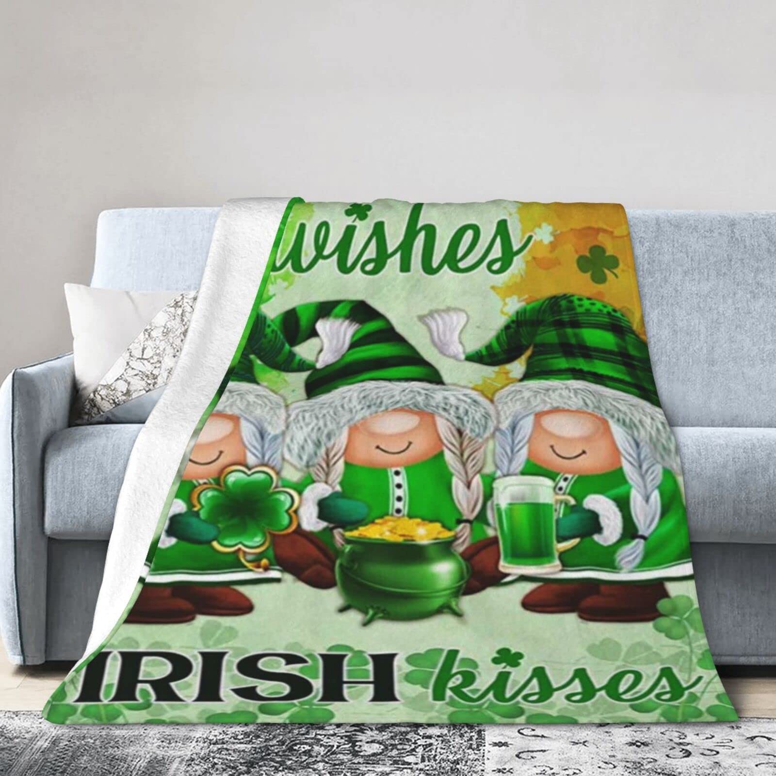 Lsjuee Flannel Fleece Blanket 50"X40" Irish Gnomes Shamrock Wishes Irish Kisses Sofa Throw Blanket Lightweight Ultra-Soft Travel Spring Blankets for Mens Keep Warm