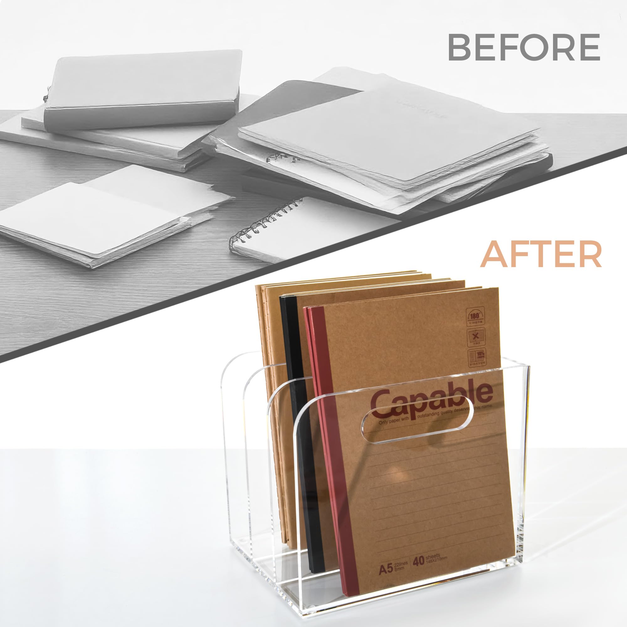 3 scomparti verticali in acrilico trasparente, organizer per documenti e riviste, raccoglitori, quaderni e buste, multiuso, per casa e ufficio, design innovativo con manico