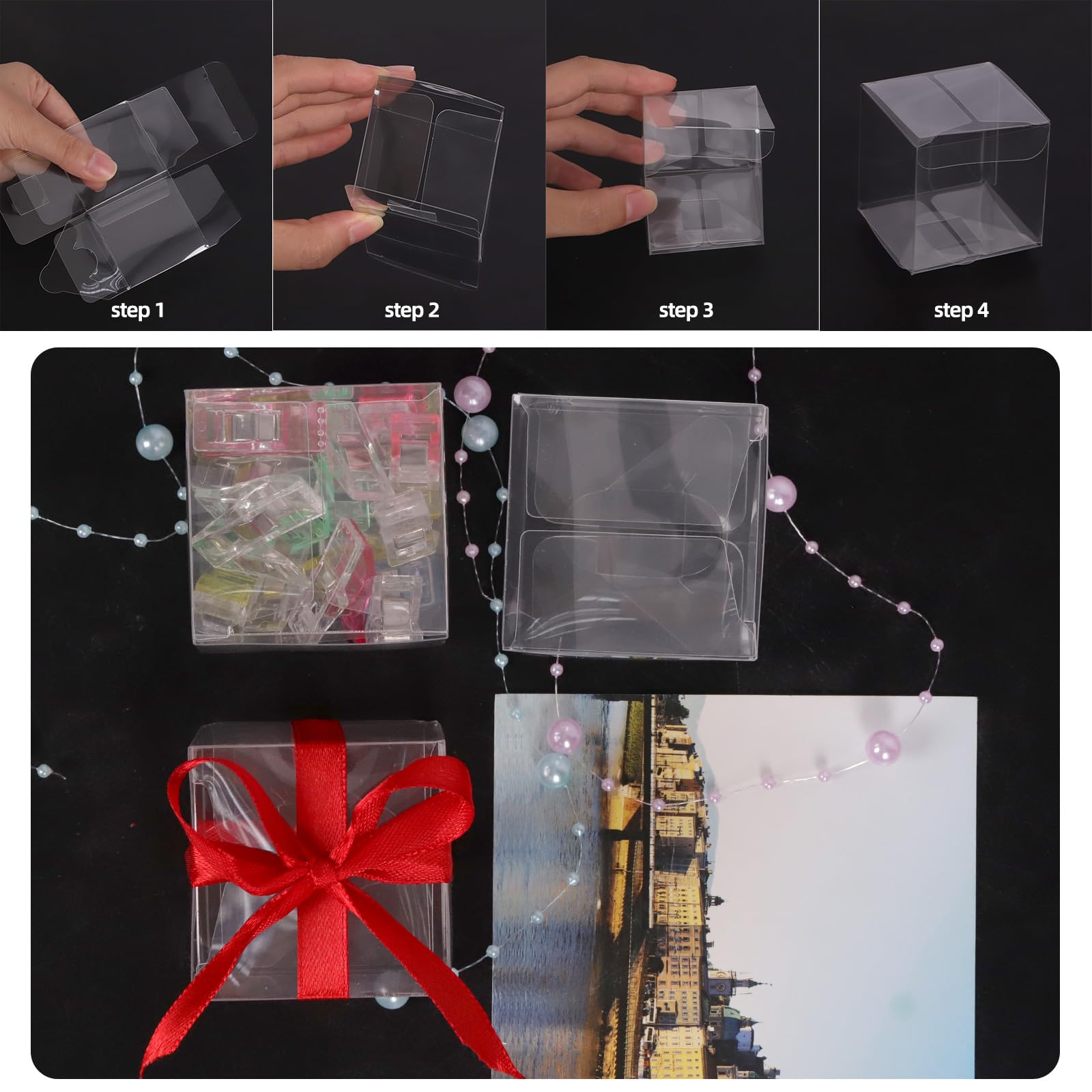 Swpeet 33pcs Boîtes Cadeaux Transparentes 2x2x2 Pouces Avec Rubans Et Ciseaux - Kit PET Cube Pour Anniversaire, Baby Shower Et Mariage