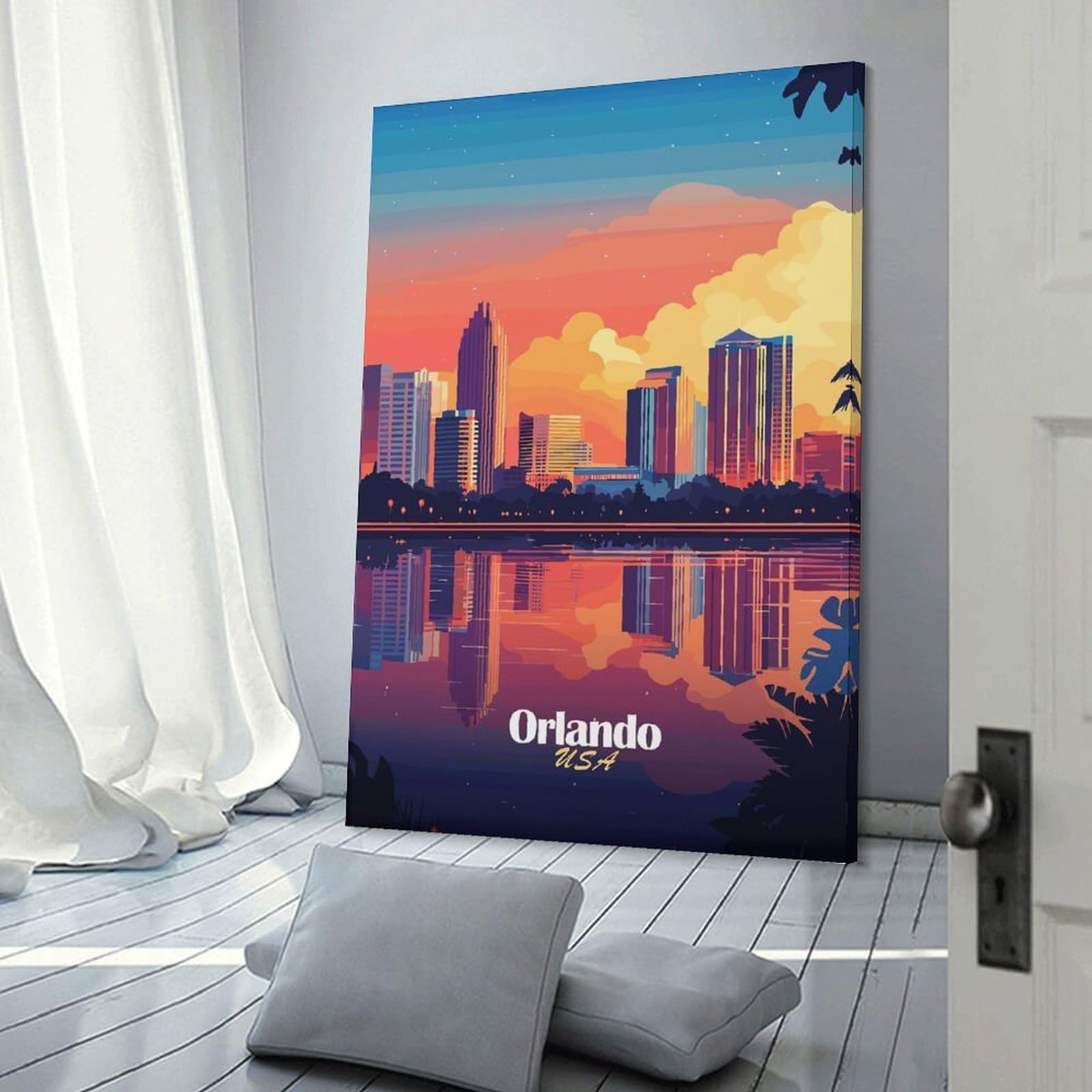 Junmoney Canvas Art Print Orlando Skyline Sunset, 24x36inch(60x90cm), for Home Office, Desk Area Or Studio, Wall Art That Adds Style to Work Areas