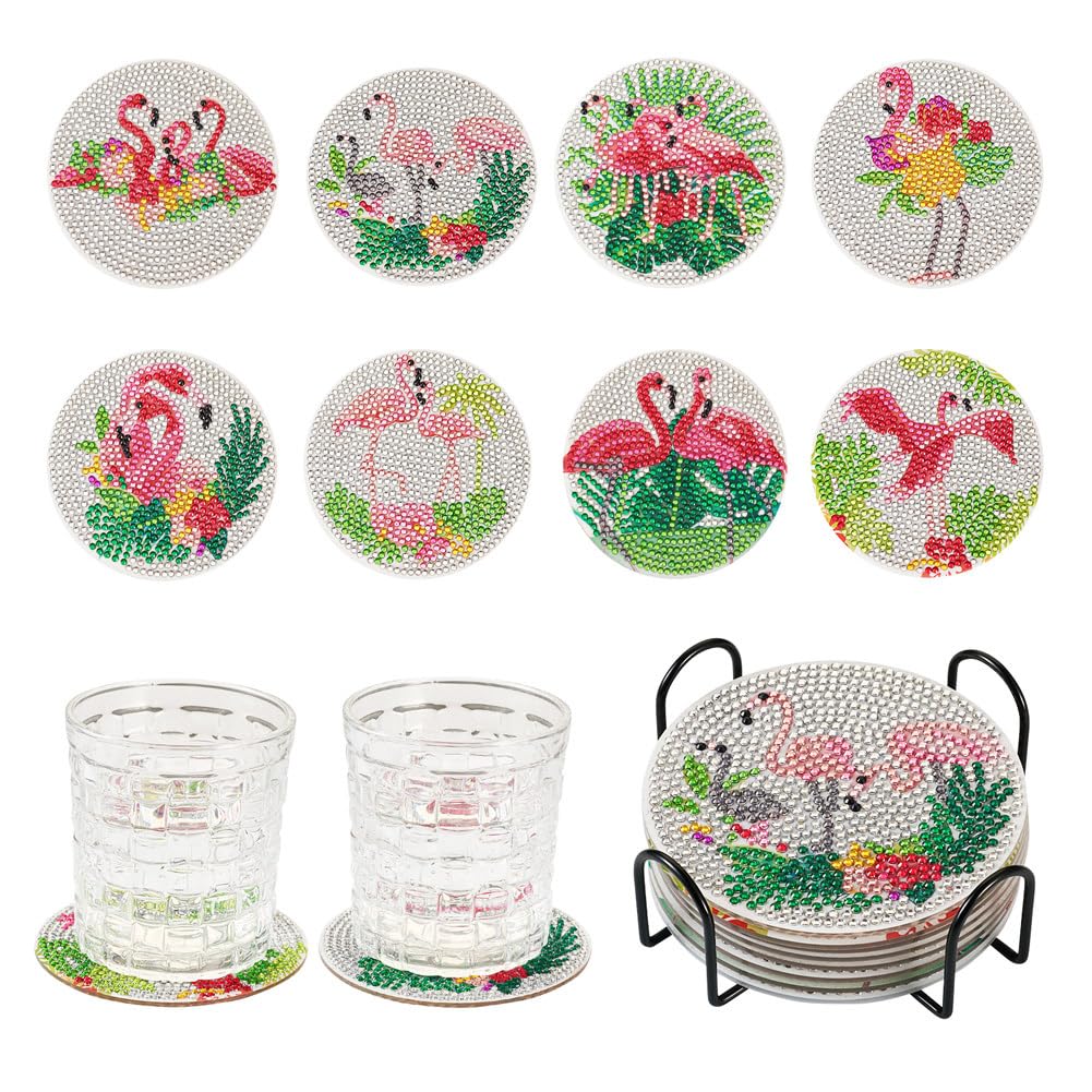 FASHEWELRY - Juego De 8 Posavasos De Pintura De Diamantes De Flamenco, Manualidades De Diamantes, Posavasos Con Lunares Para Principiantes Del Día De San Valentín, Adultos, Niños