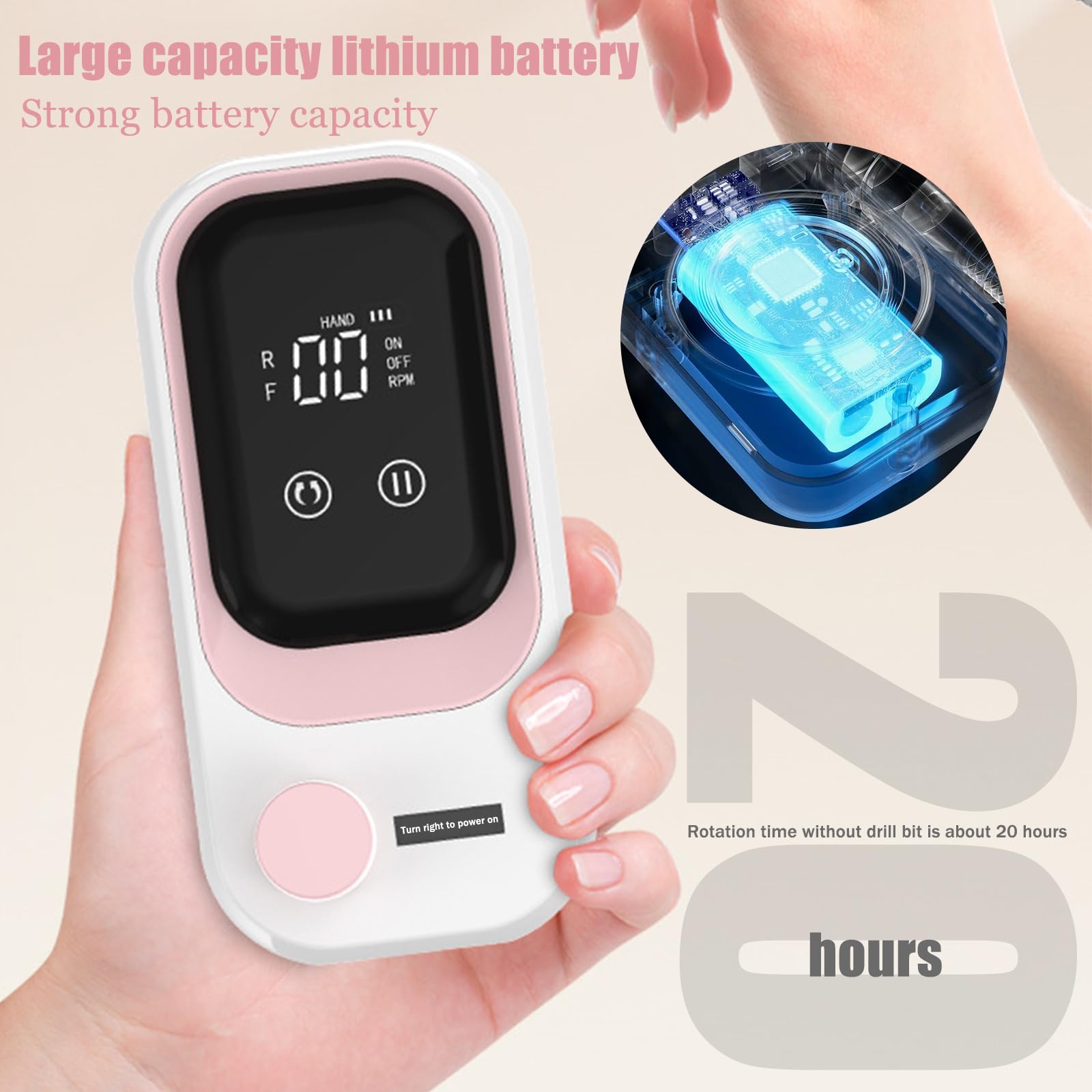 Taladro de uñas eléctrico portátil, lima de uñas eléctrica profesional de 35000 rpm, taladro de uñas inalámbrico con brocas y base (blanco y rosa)