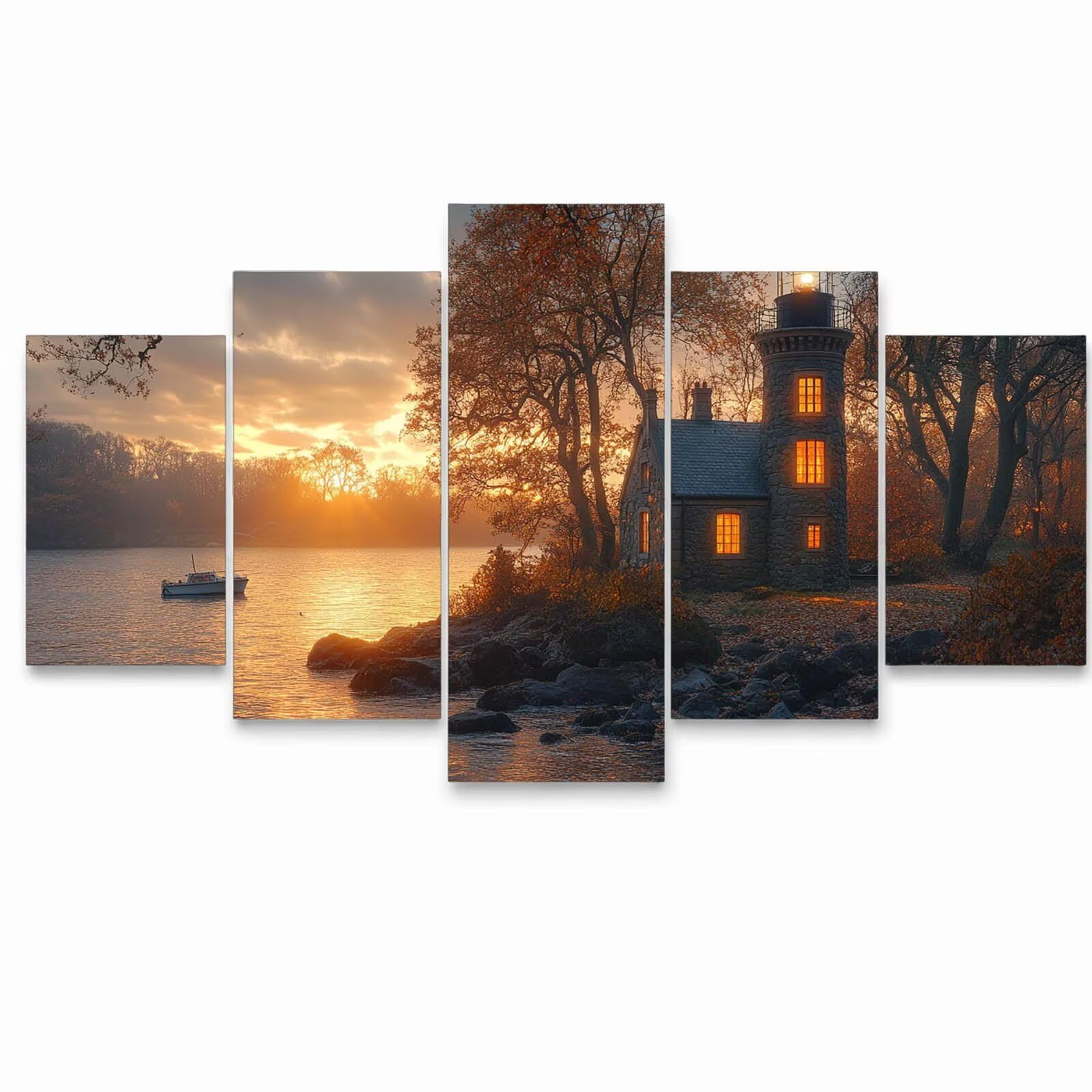 5 Pack Leuchtend Malen Nach Zahlen Erwachsene Lighthouse YCBZ-1545 | DIY Set Erwachsene mit Pinselset Acrylfarben Set Fünf Leinwand zum Bemalen Boot für Deko Wohnzimmer Geschenke für Frauen