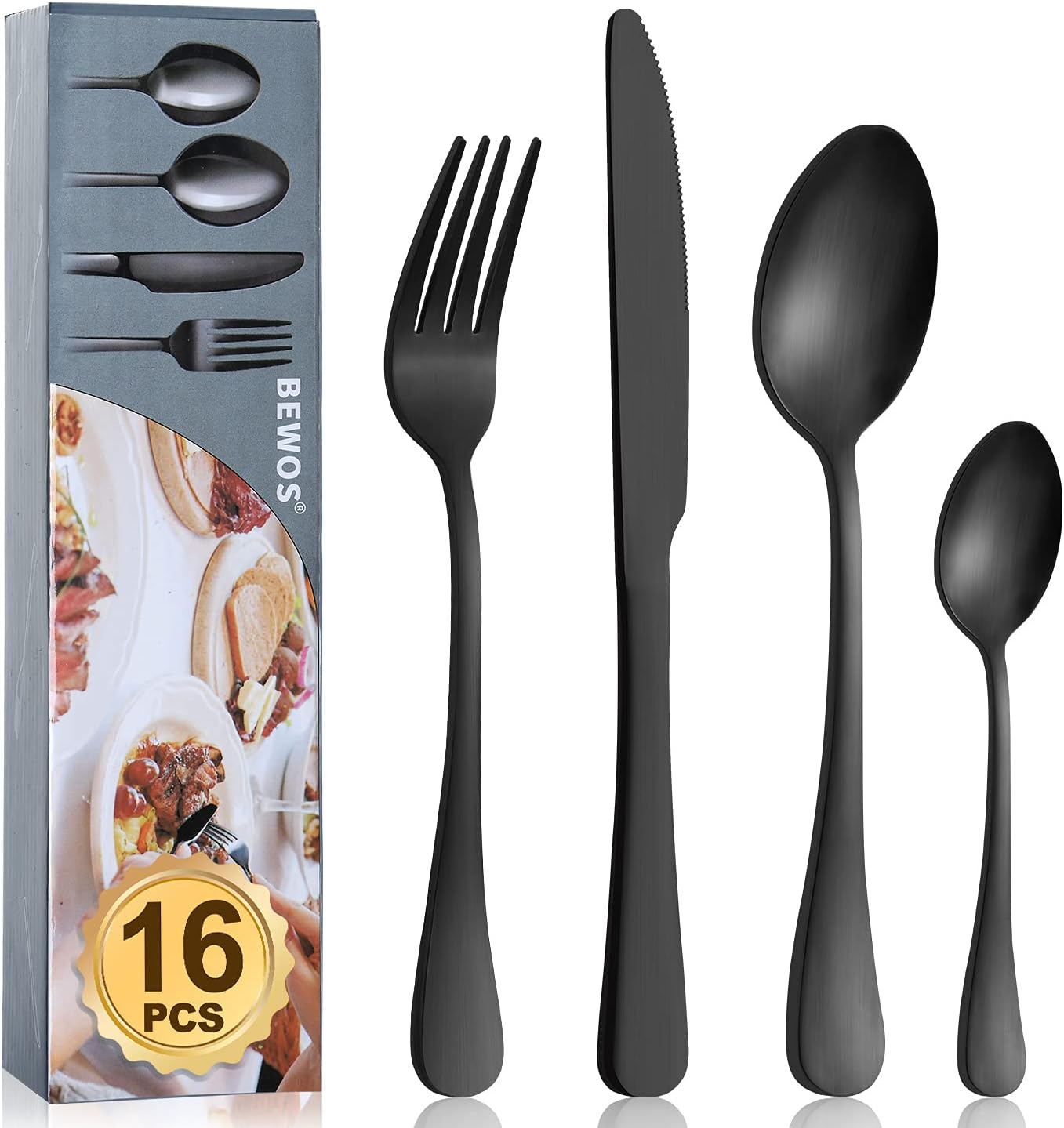 BEWOS Cutlery Set, 16 Piece Matt Black Stainless Steel Flatware Set, Silverware Tableware Set with Spoon Knife and Fork Set, Service for 4, Easy Clean/Dishwasher Safe