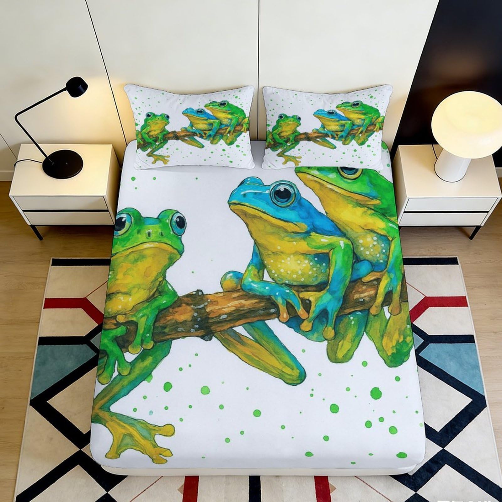 K1r3d9e5 Style-9 3D Printed Green Frog Fitted Sheet Microfiber Soft Blue Tree Frog Mattress Cover For Bedroom Dorm Easy Care 90X200x25cm