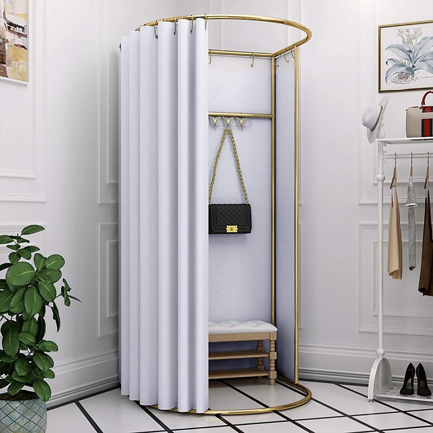 HM&DX Clothing Store Fitting Room, Portable Dressing Room Frame with Curtain and Hook, Changing Room for Clothing Store, Boutiques, Office, Temporary