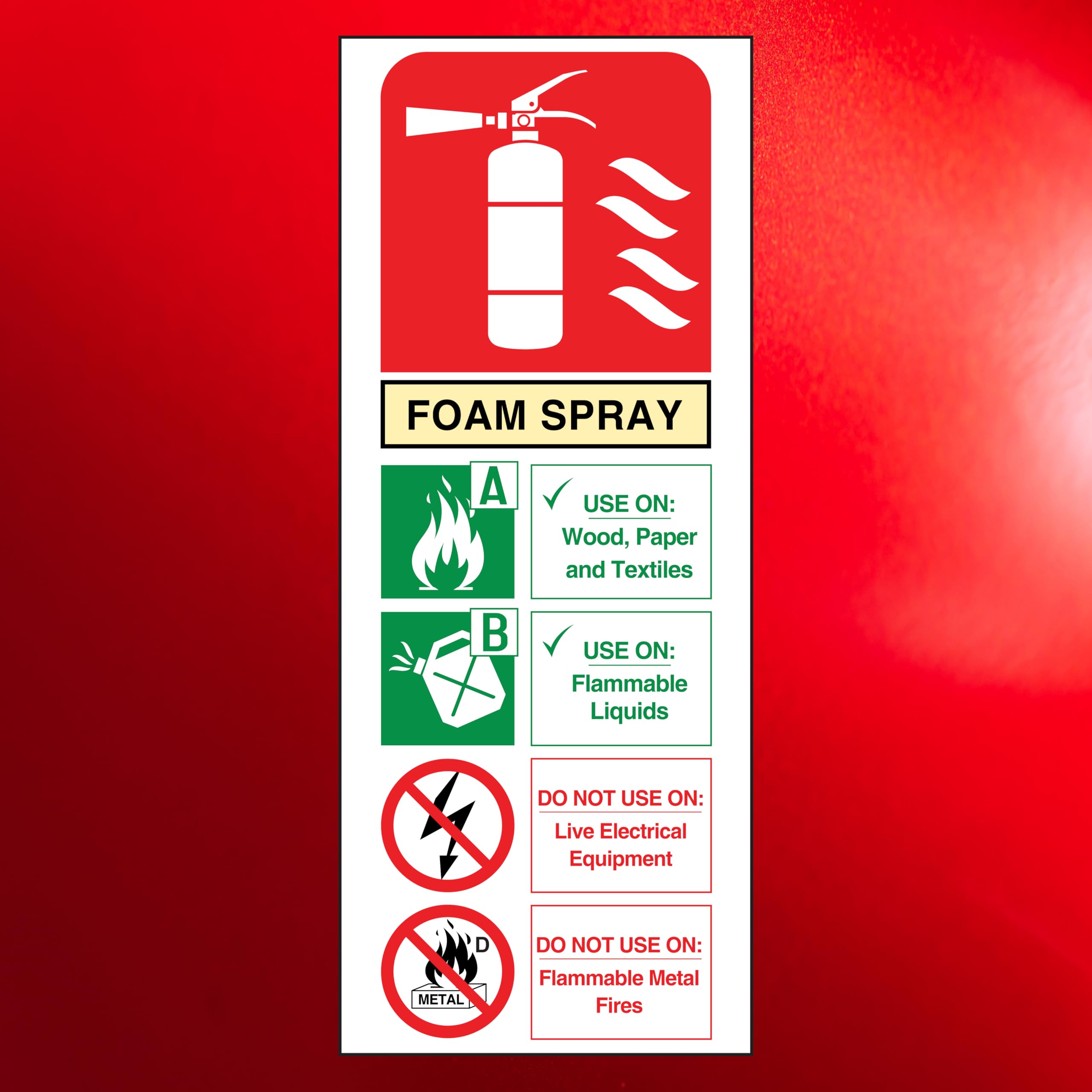 6X Foam Fire Extinguisher Instruction Stickers - 85mm x 210mm Self-Adhesive Vinyl Labels