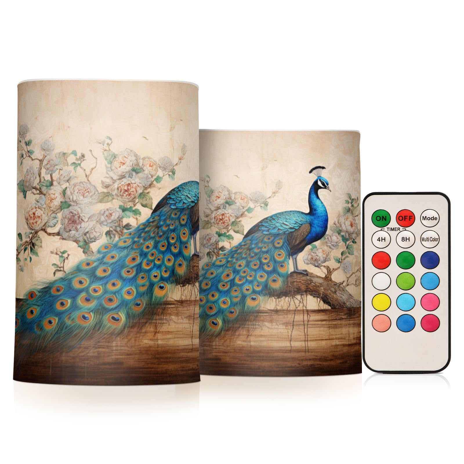 Mnsruu Flickering Flameless Candles Vintage Peacock LED Candles with Remote Timer Set of 2 Battery Operated Candle Home Decoration