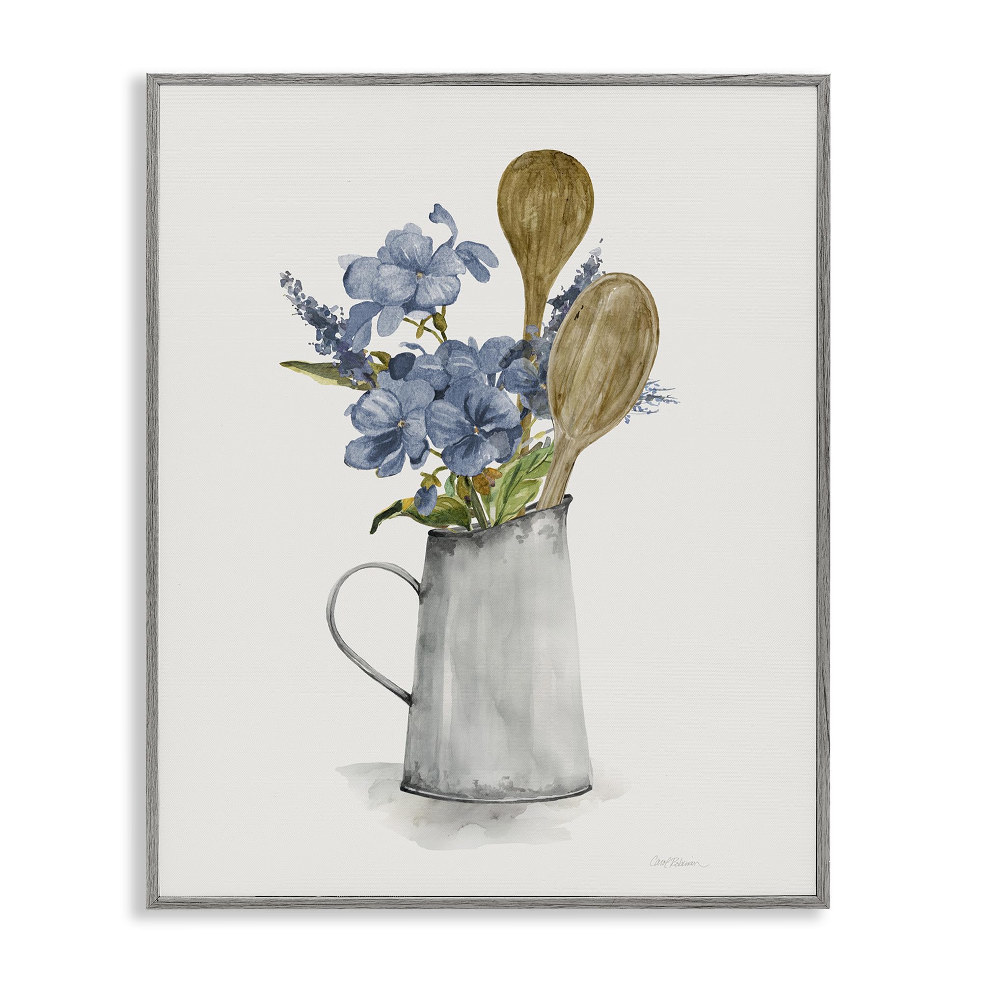 Stupell Industries Farmhouse Gray (Textured) Kitchen Spoons Blue Blooms Floral, 16 X 20 Inch Framed Giclée Print